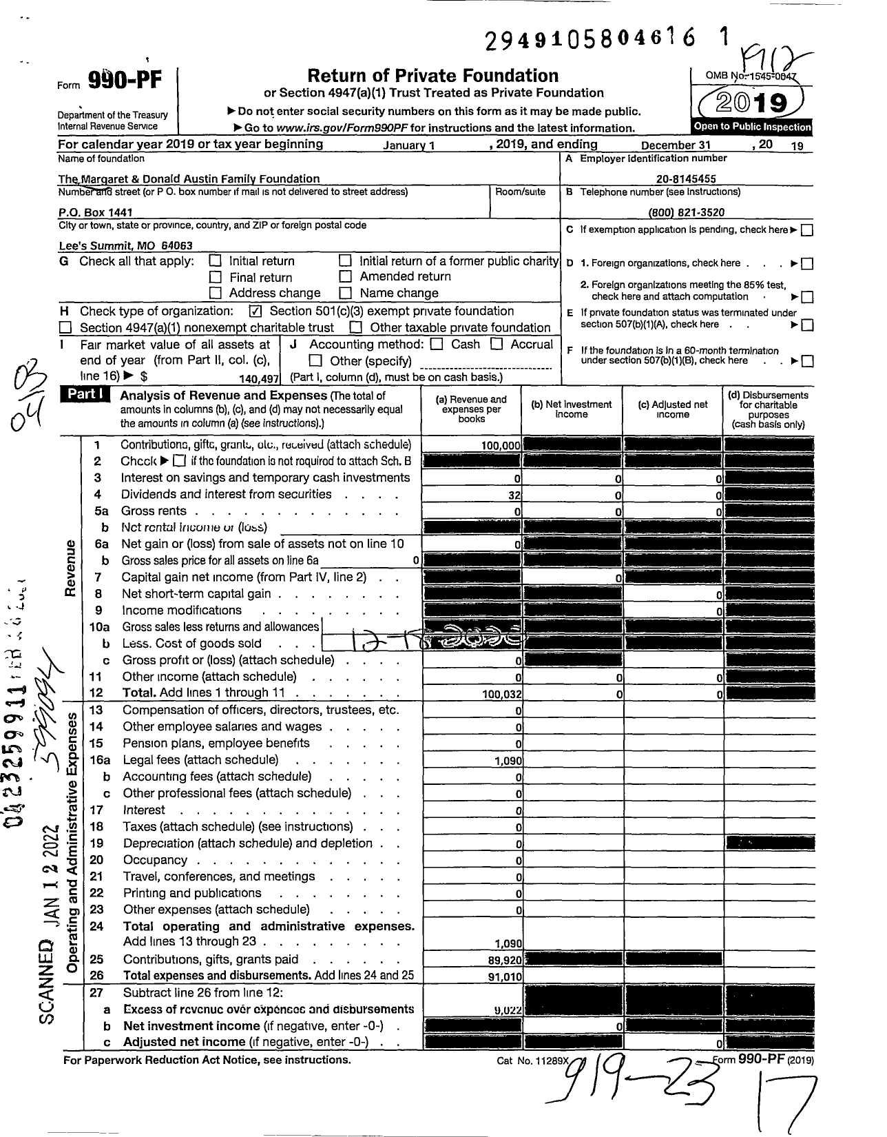 Image of first page of 2019 Form 990PF for Margaret and Donald Austin Family Foundation