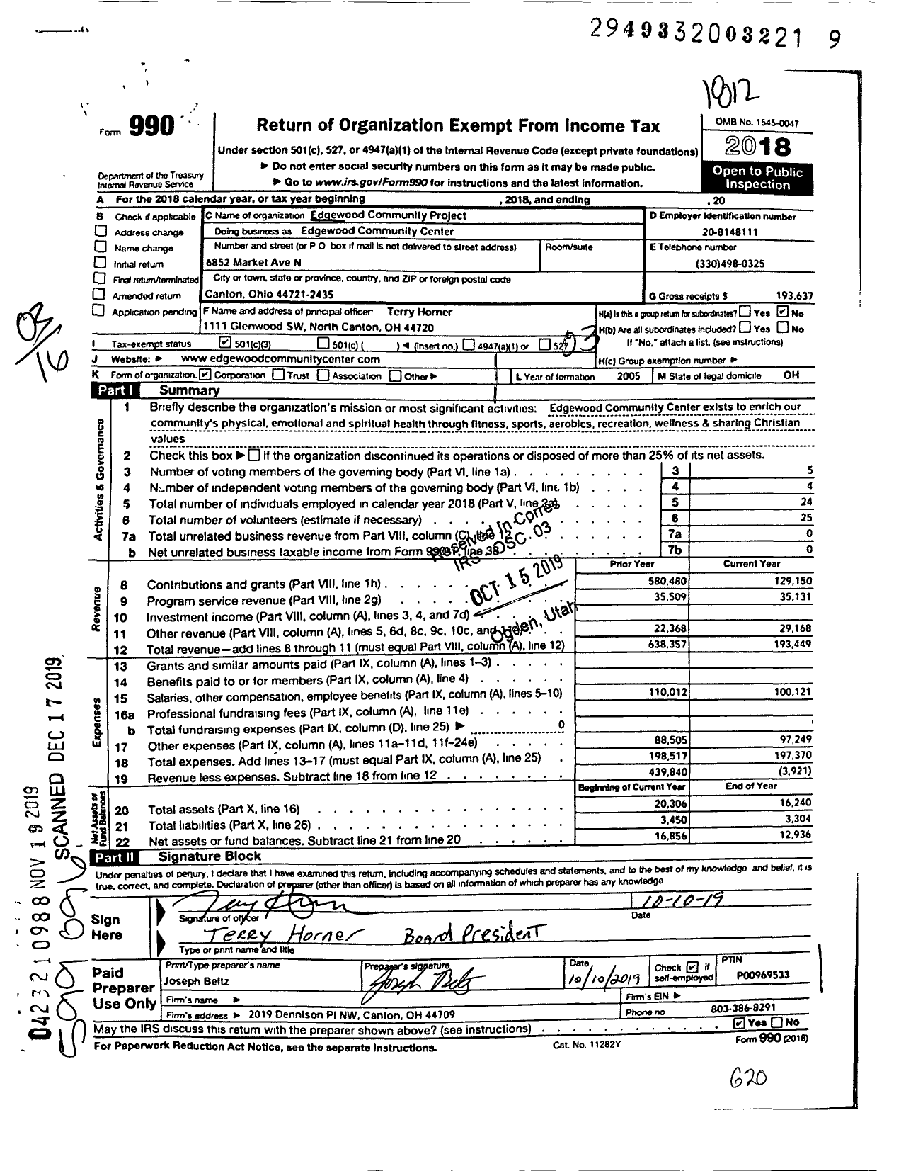 Image of first page of 2018 Form 990 for Edgewood Community Center