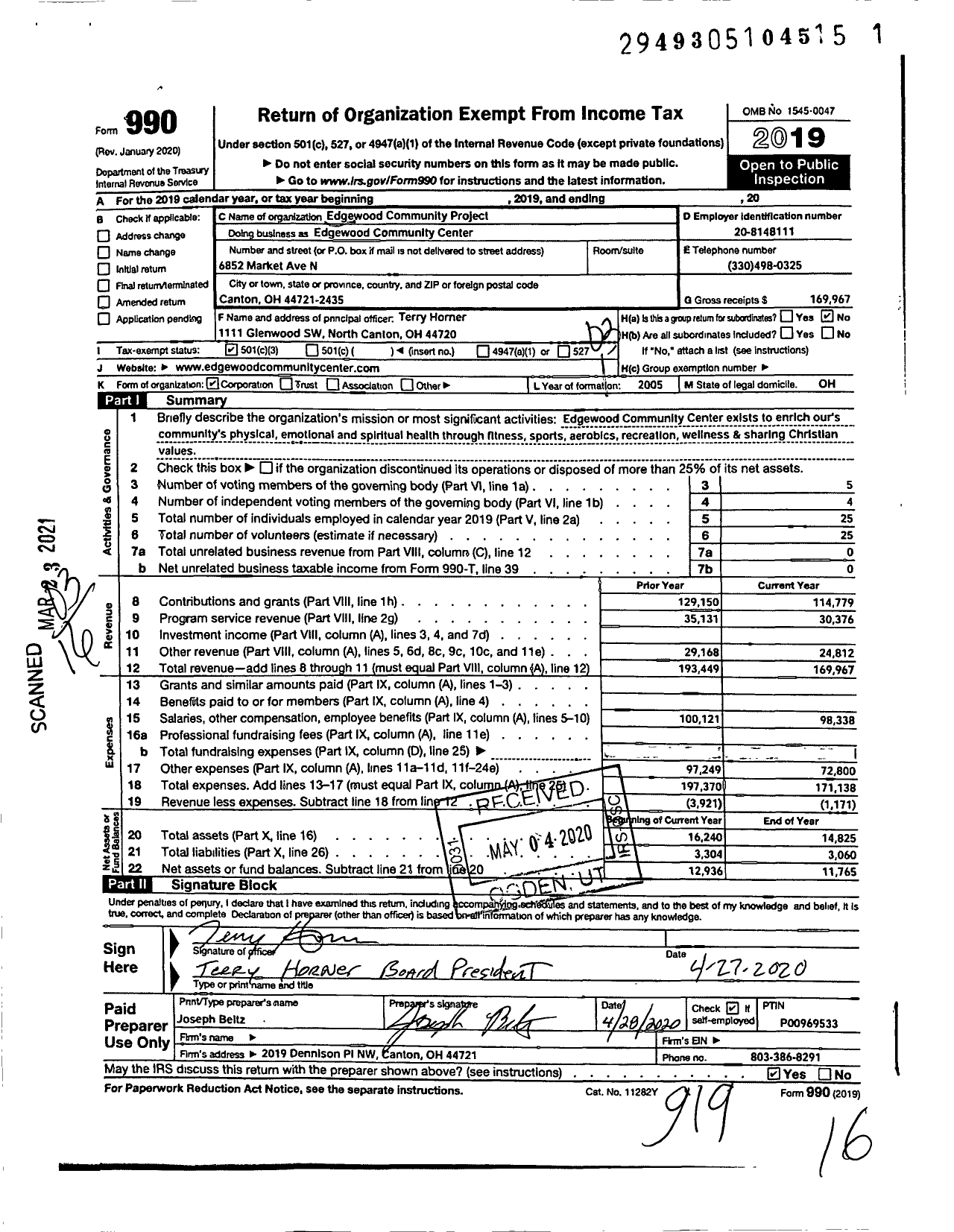 Image of first page of 2019 Form 990 for Edgewood Community Center