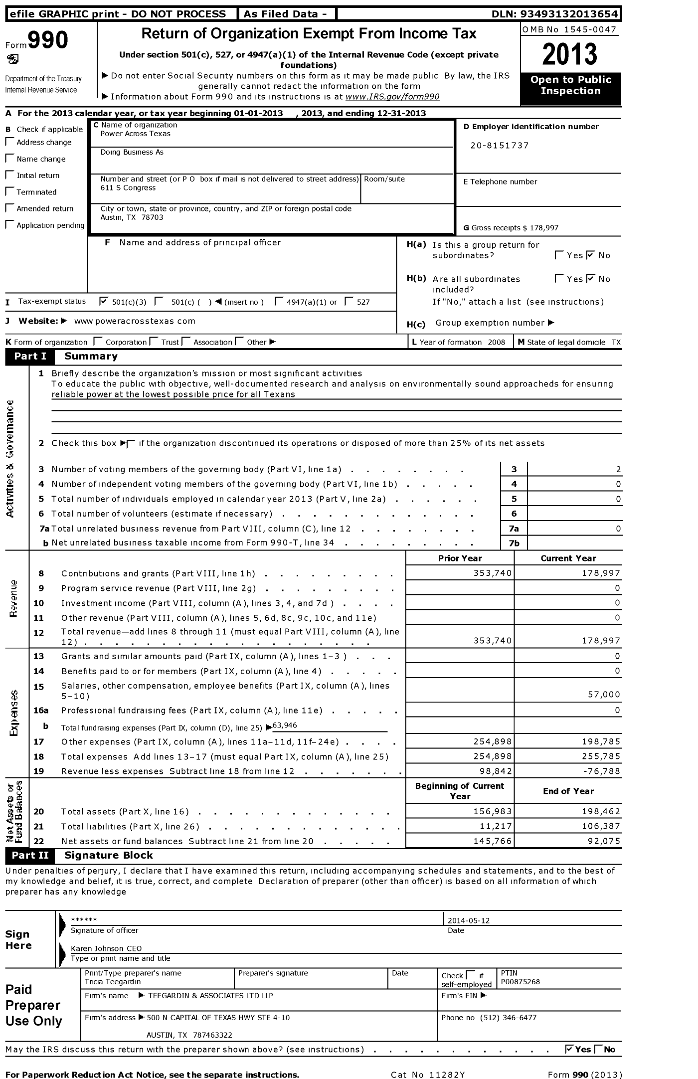 Image of first page of 2013 Form 990 for Power Across Texas