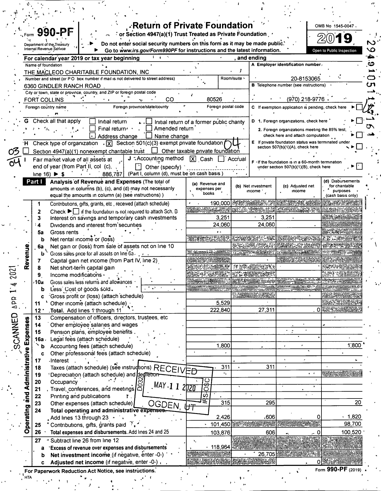 Image of first page of 2019 Form 990PF for The Macleod Charitable Foundation