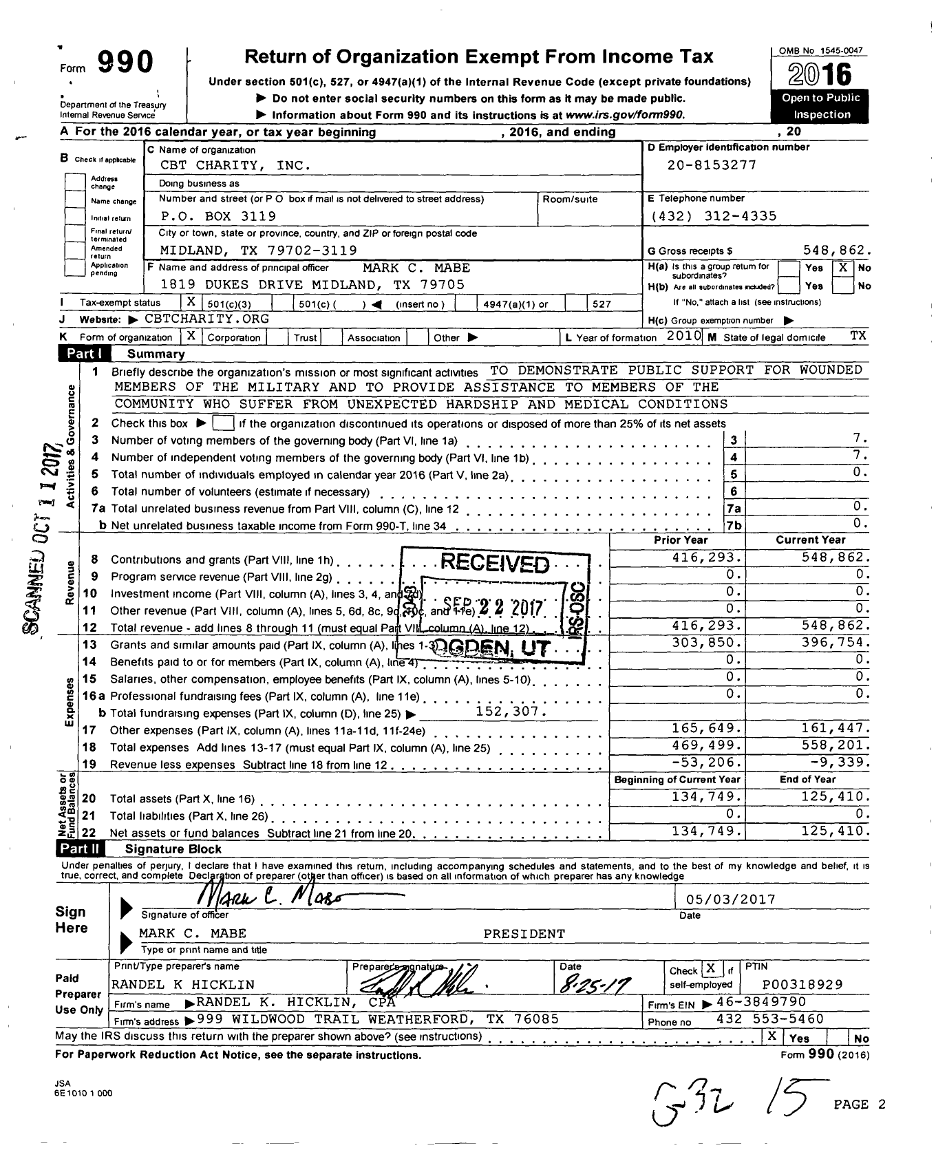 Image of first page of 2016 Form 990 for CBT Charity