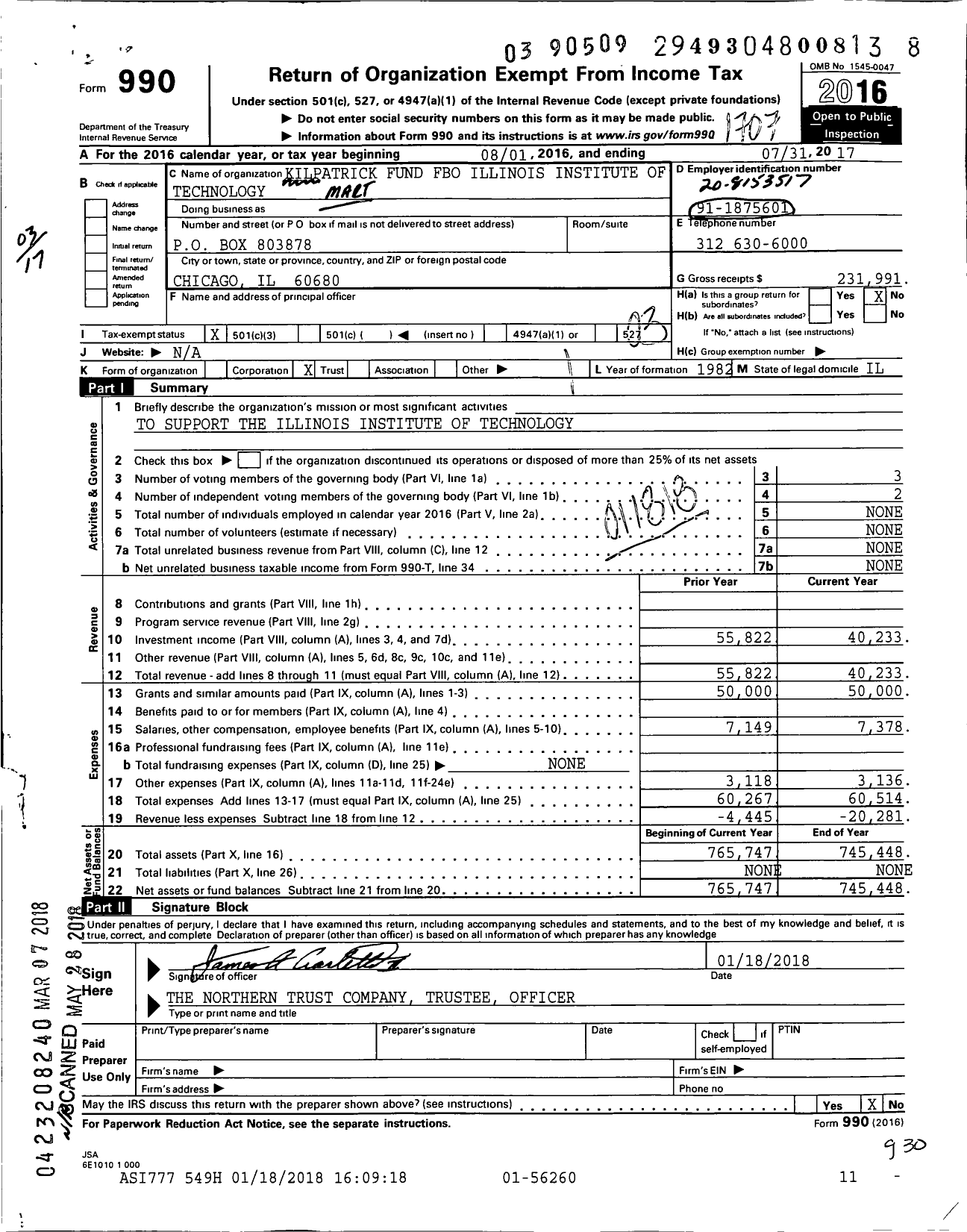 Image of first page of 2016 Form 990 for Martin and Mary Kilpatrick Fund Fbo