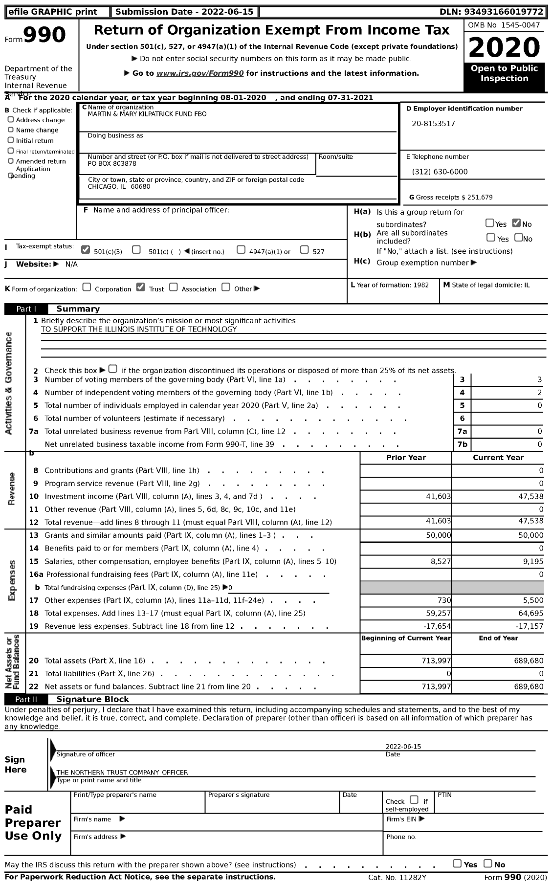 Image of first page of 2020 Form 990 for Martin and Mary Kilpatrick Fund Fbo