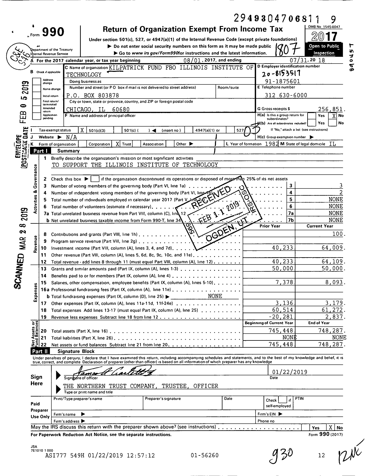 Image of first page of 2017 Form 990 for Martin and Mary Kilpatrick Fund Fbo