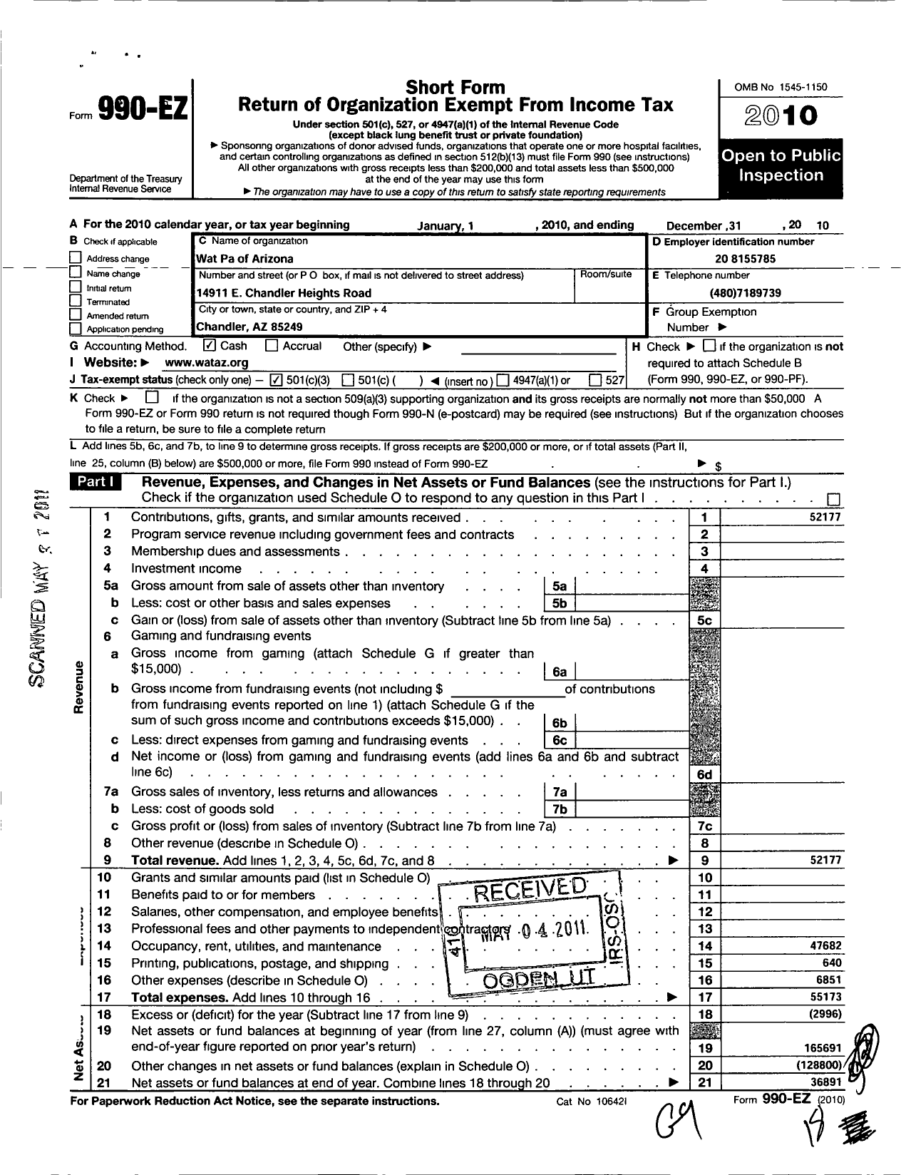 Image of first page of 2010 Form 990EZ for Wat Pa of Arizona