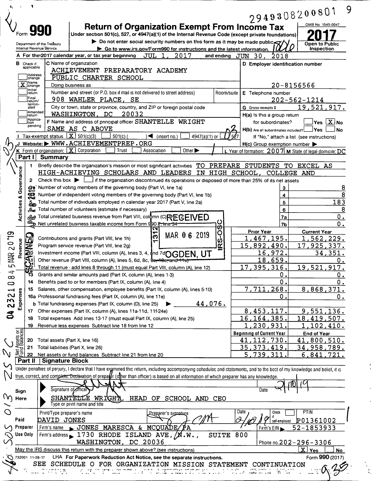 Image of first page of 2017 Form 990 for Achievement Preparatory Academy Public Charter School