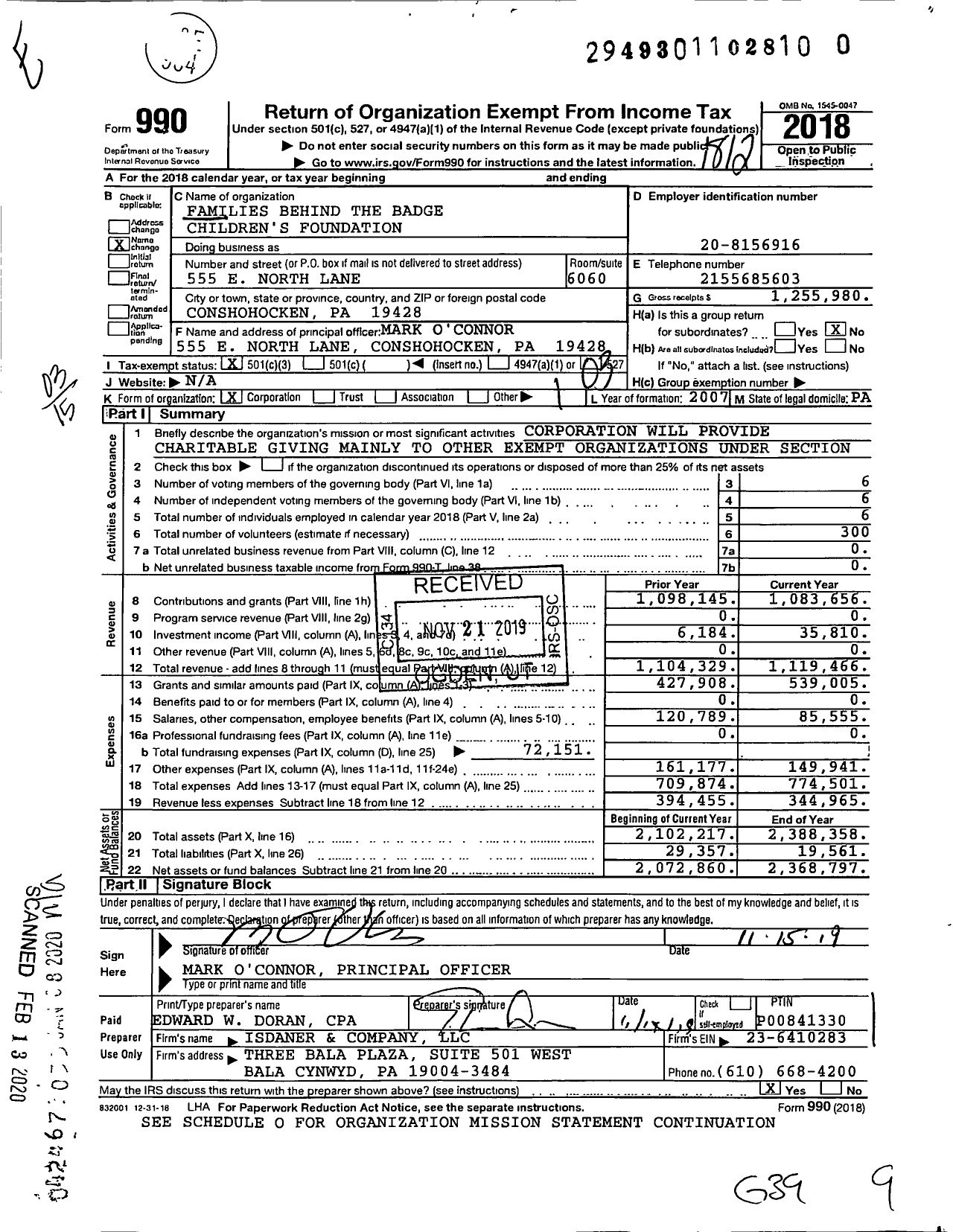 Image of first page of 2018 Form 990 for Families Behind the Badge Children's FOUNDATION