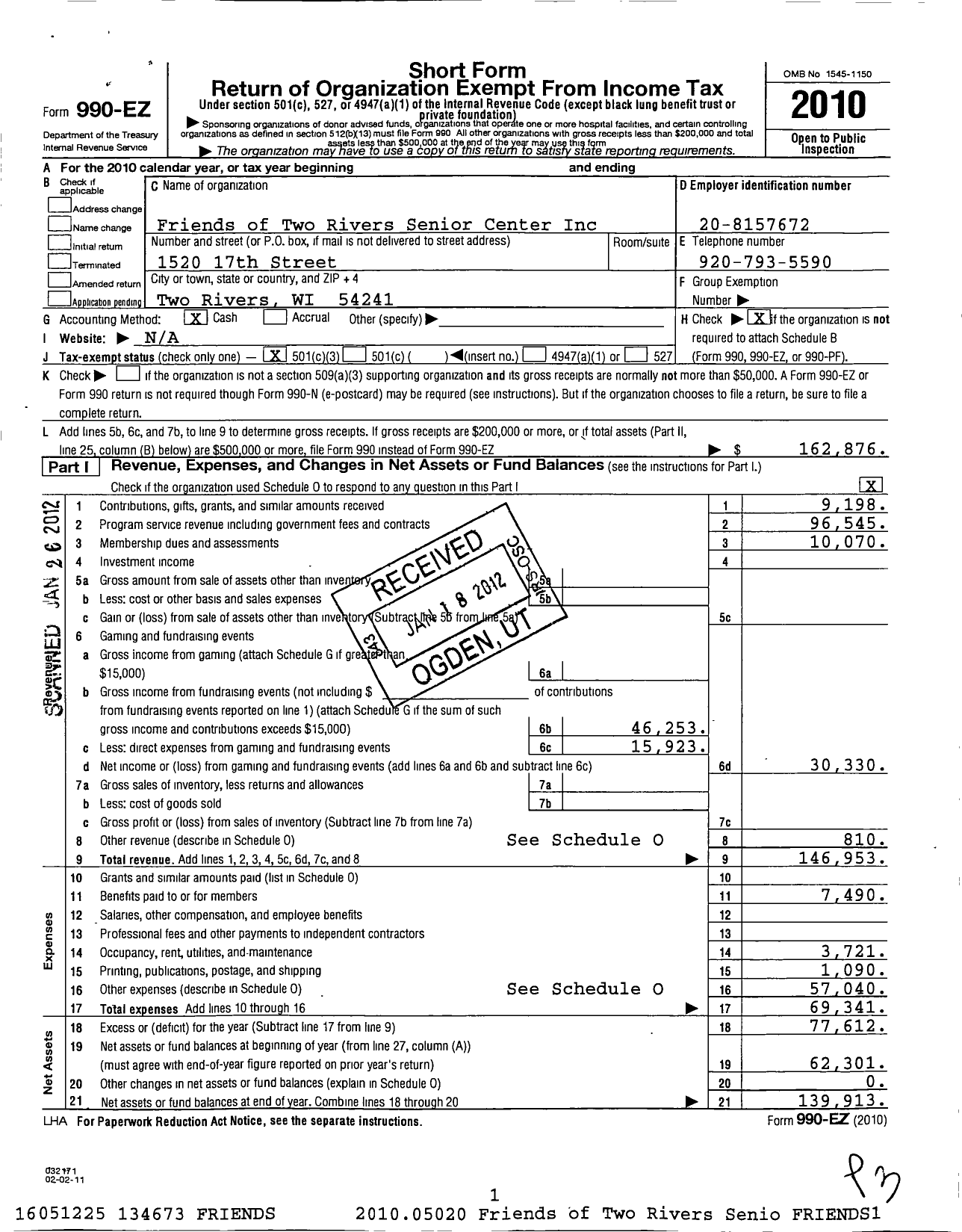 Image of first page of 2010 Form 990EZ for Friends of the Two Rivers Senior Center