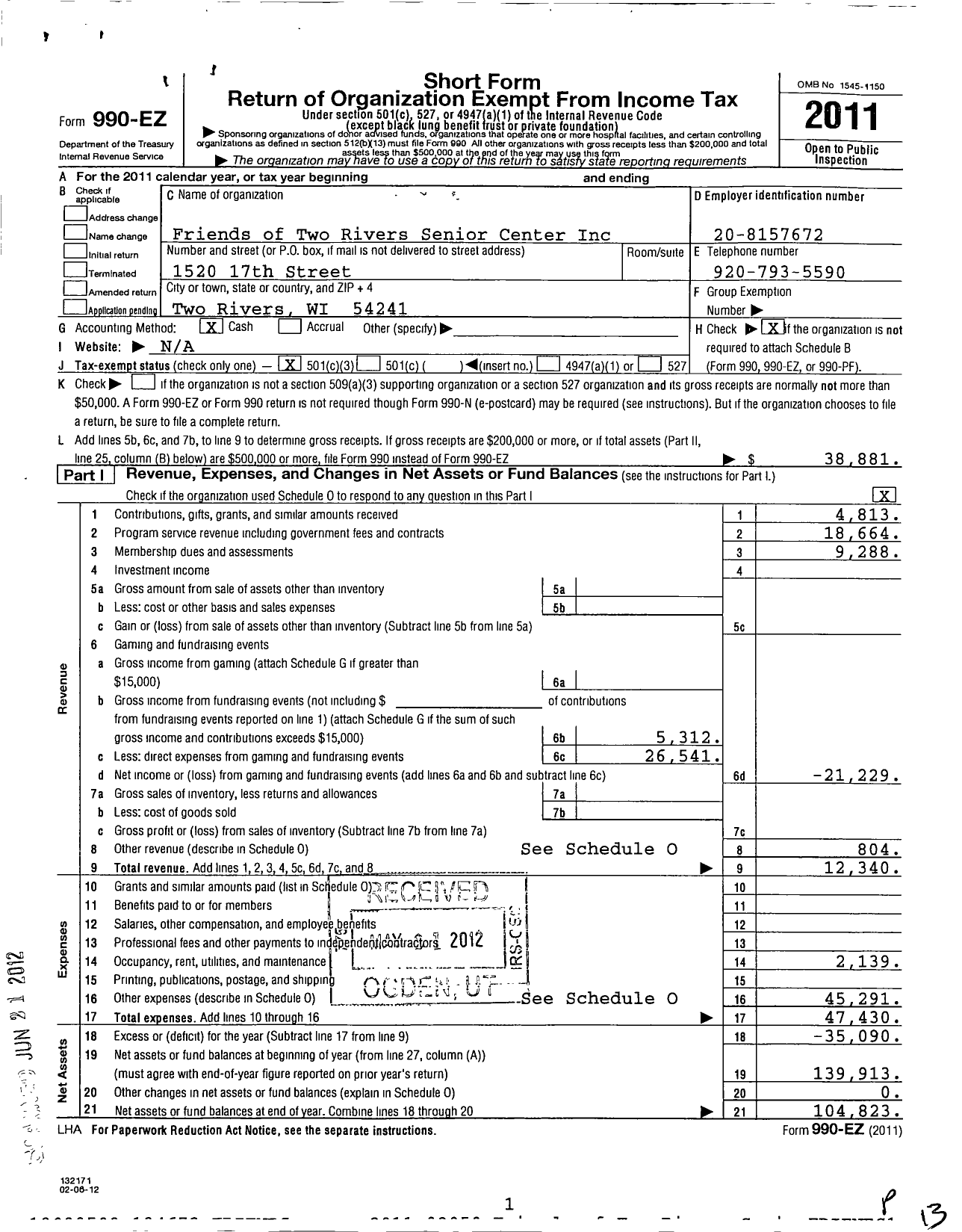 Image of first page of 2011 Form 990EZ for Friends of the Two Rivers Senior Center