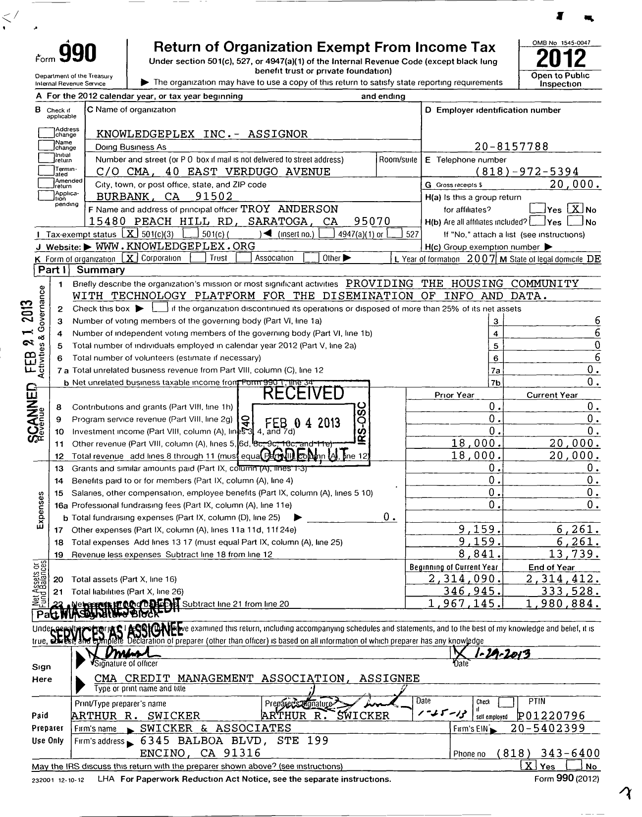 Image of first page of 2012 Form 990 for Knowledgeplex Assignor