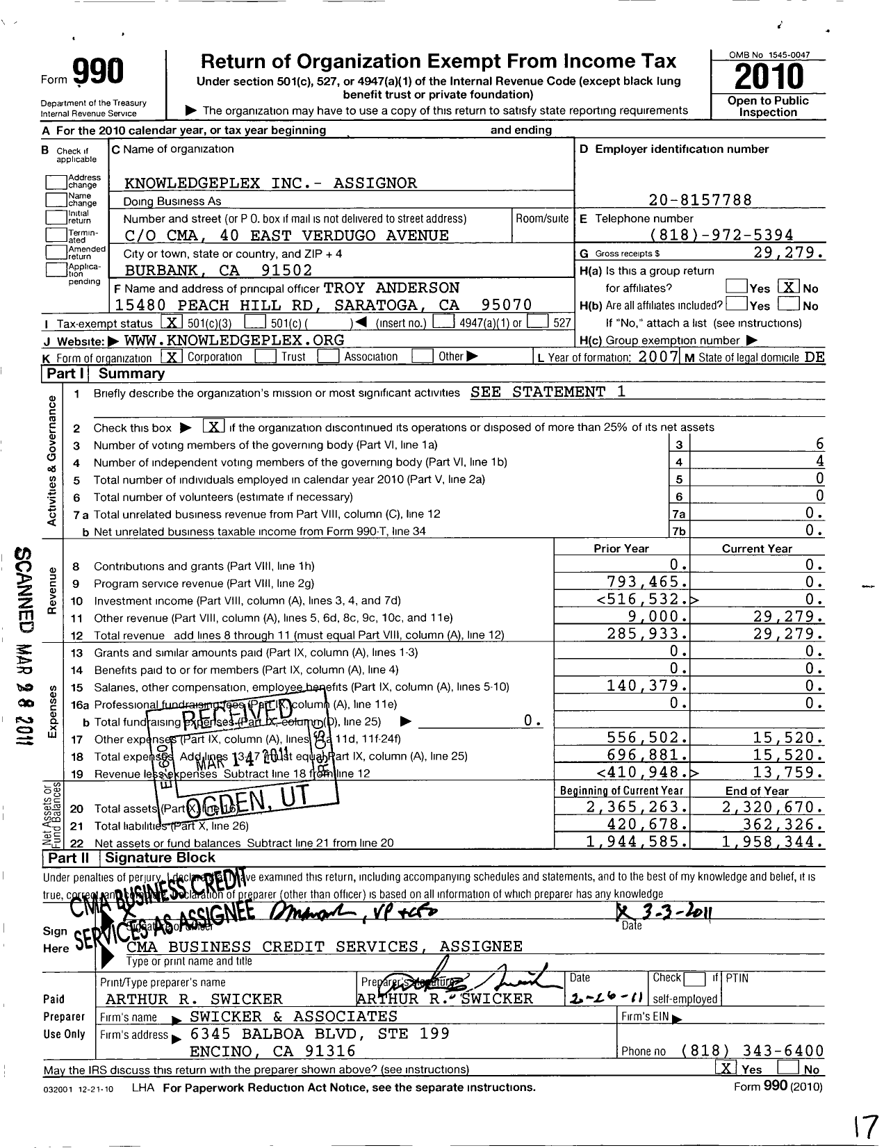 Image of first page of 2010 Form 990 for Knowledgeplex Assignor