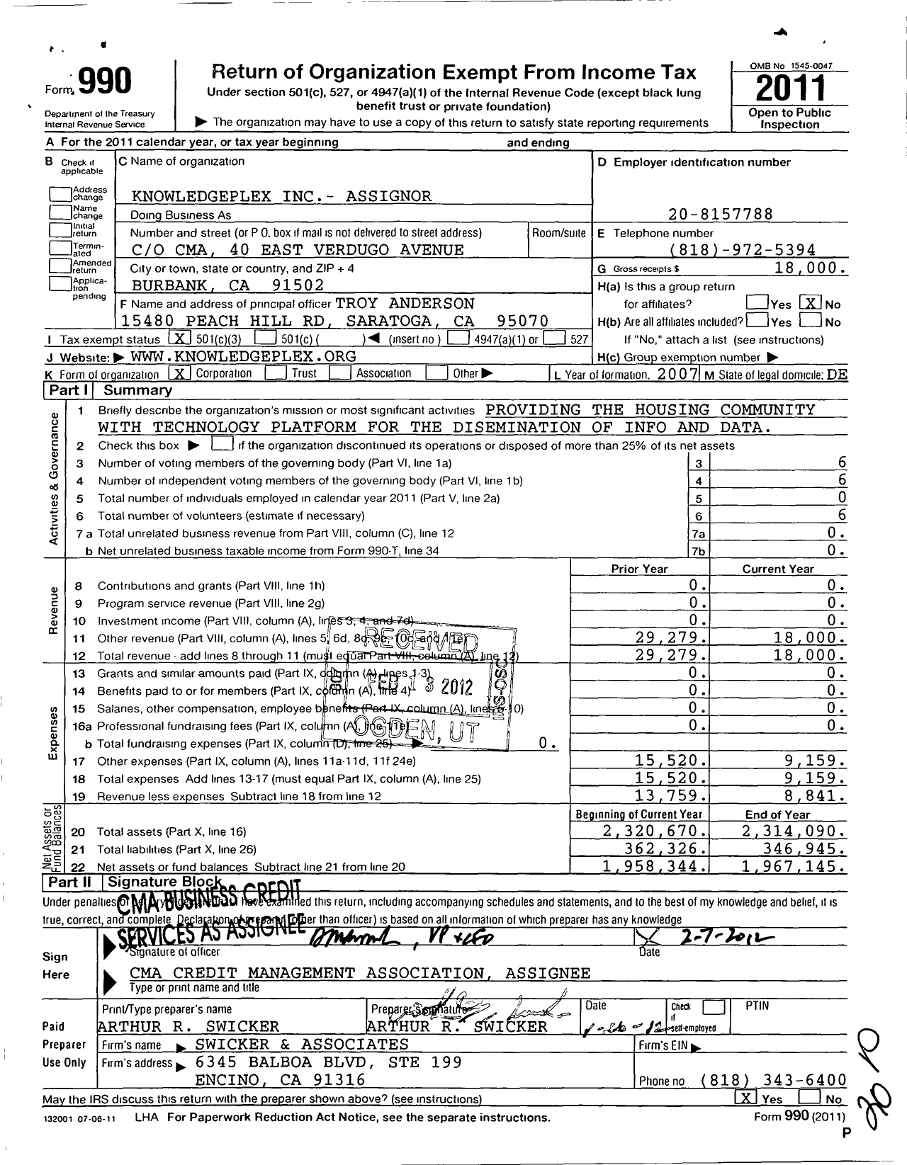 Image of first page of 2011 Form 990 for Knowledgeplex Assignor