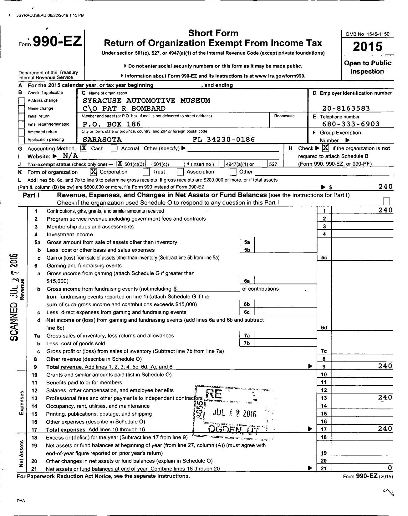 Image of first page of 2015 Form 990EZ for Syracuse Automotive Museum