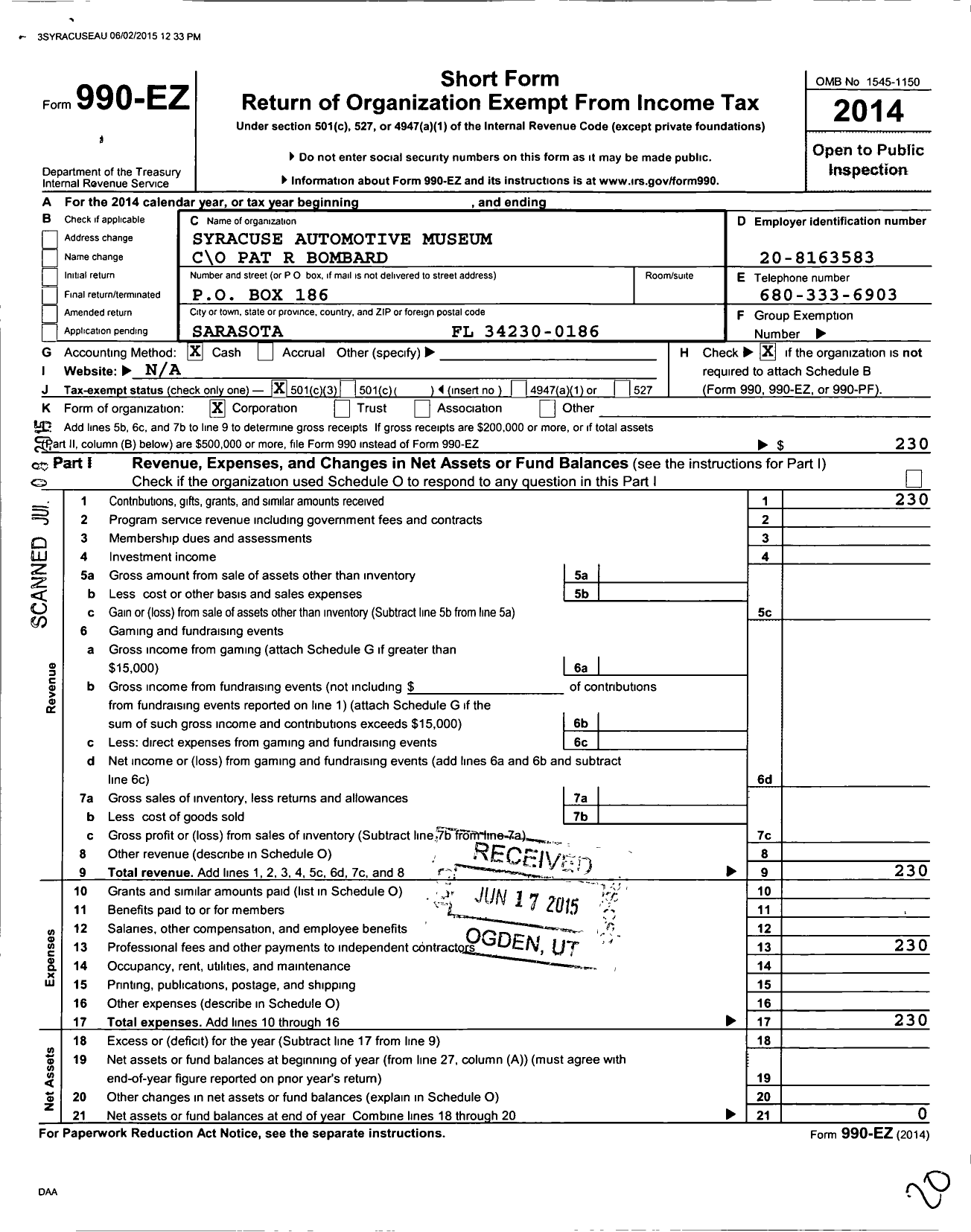 Image of first page of 2014 Form 990EZ for Syracuse Automotive Museum