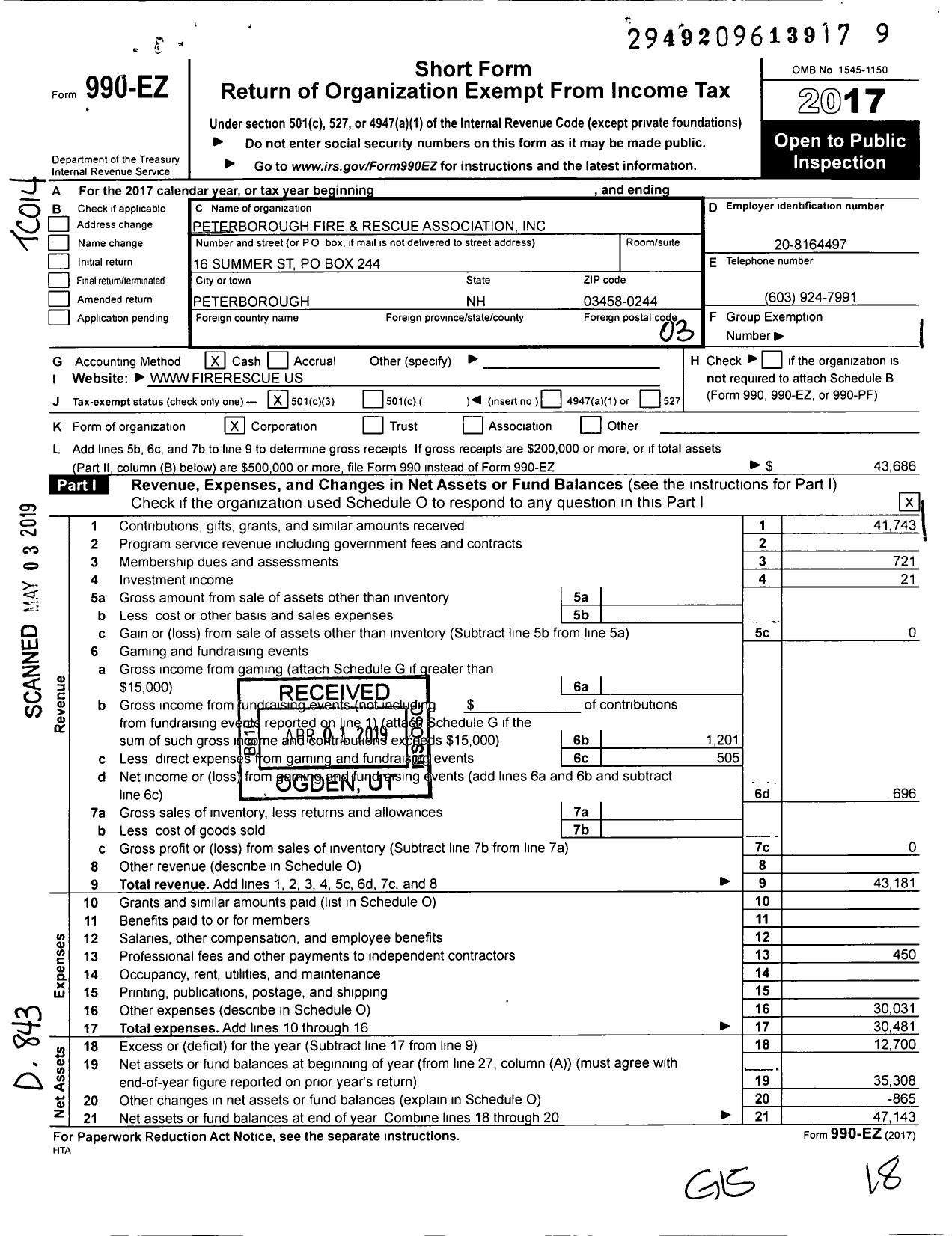 Image of first page of 2017 Form 990EZ for Peterborough Fire and Rescue Association