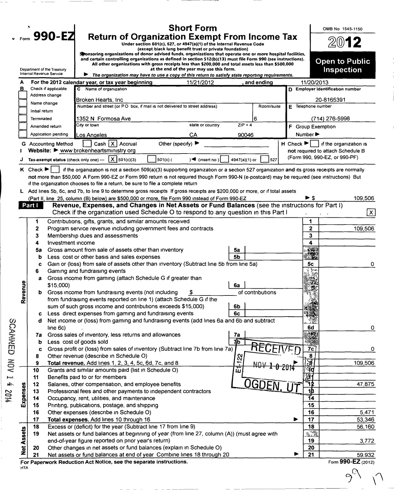 Image of first page of 2012 Form 990EZ for Broken Hearts