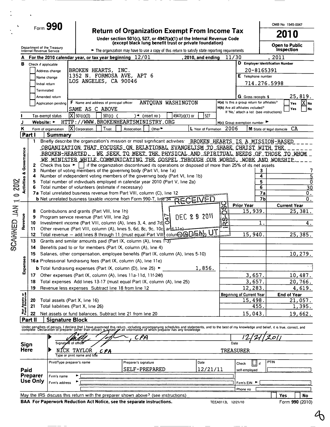 Image of first page of 2010 Form 990 for Broken Hearts