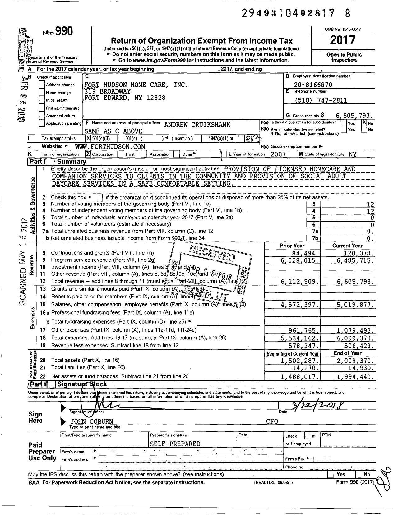 Image of first page of 2017 Form 990 for Fort Hudson Home Care