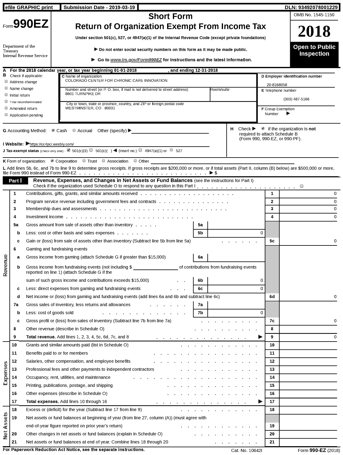 Image of first page of 2018 Form 990EZ for Colorado Center for Primary Care Innovation