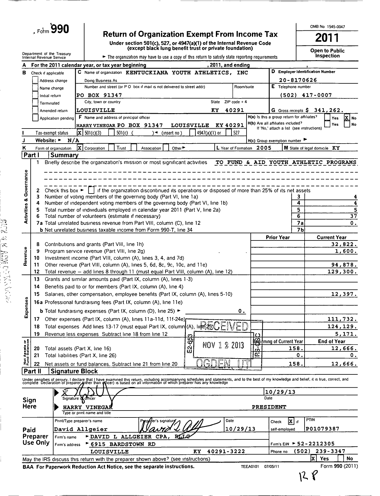 Image of first page of 2011 Form 990 for Kentuckiana Youth Athletics