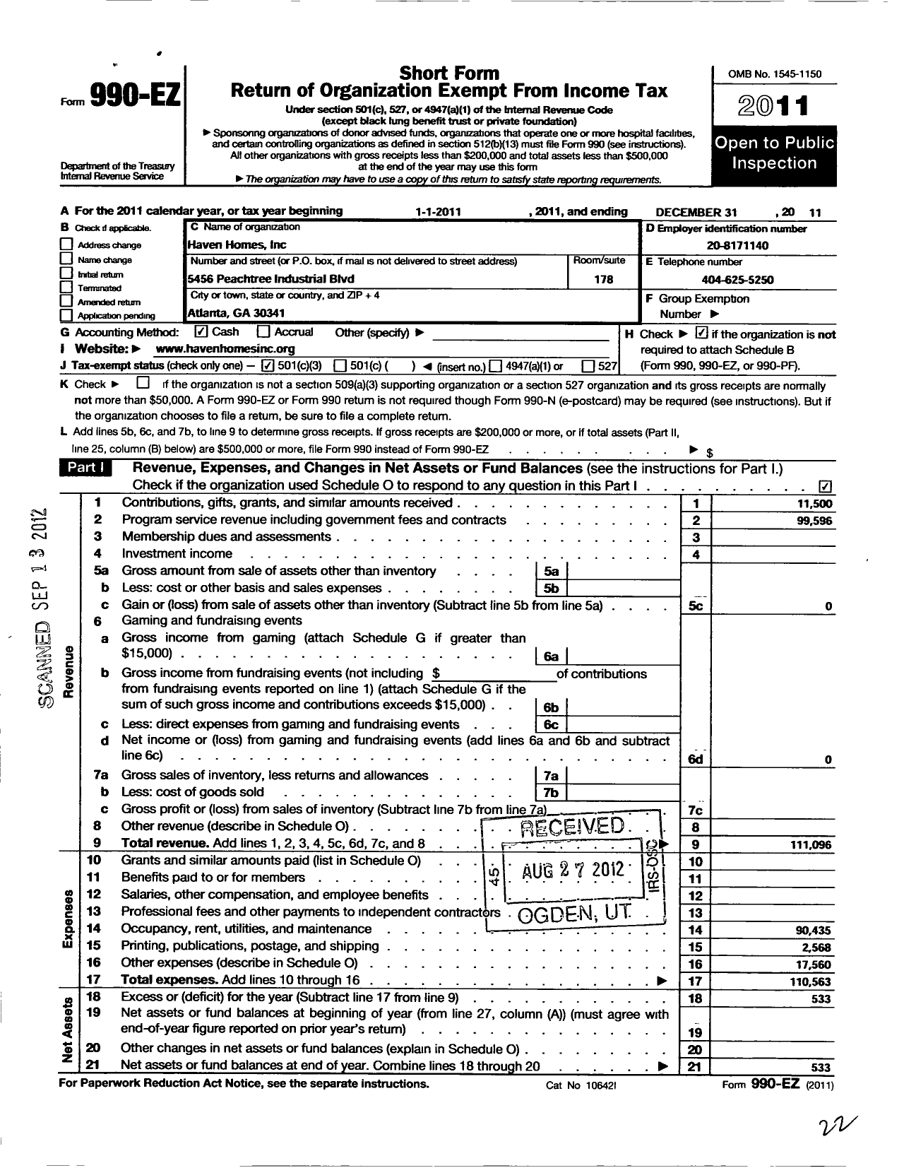 Image of first page of 2011 Form 990EZ for Haven Homes