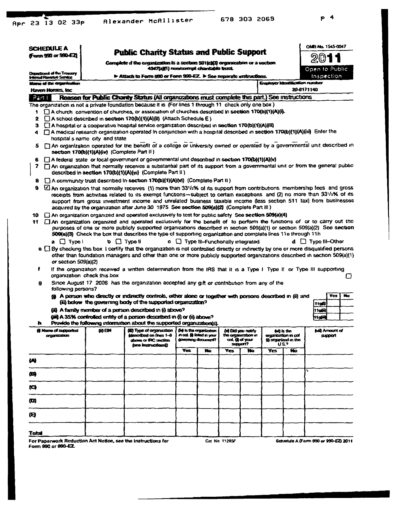 Image of first page of 2011 Form 990ER for Haven Homes