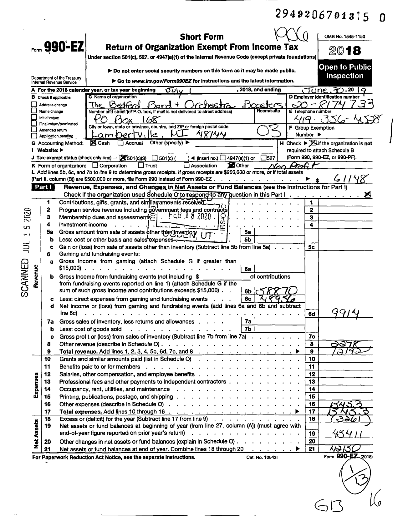 Image of first page of 2018 Form 990EZ for The Bedford Band and Orchestra Boosters