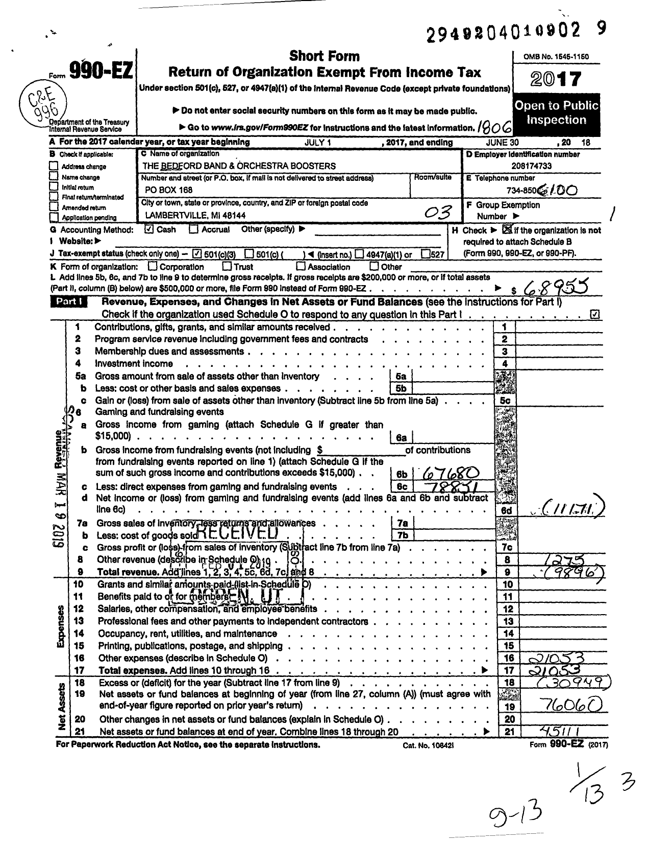 Image of first page of 2017 Form 990EZ for The Bedford Band and Orchestra Boosters