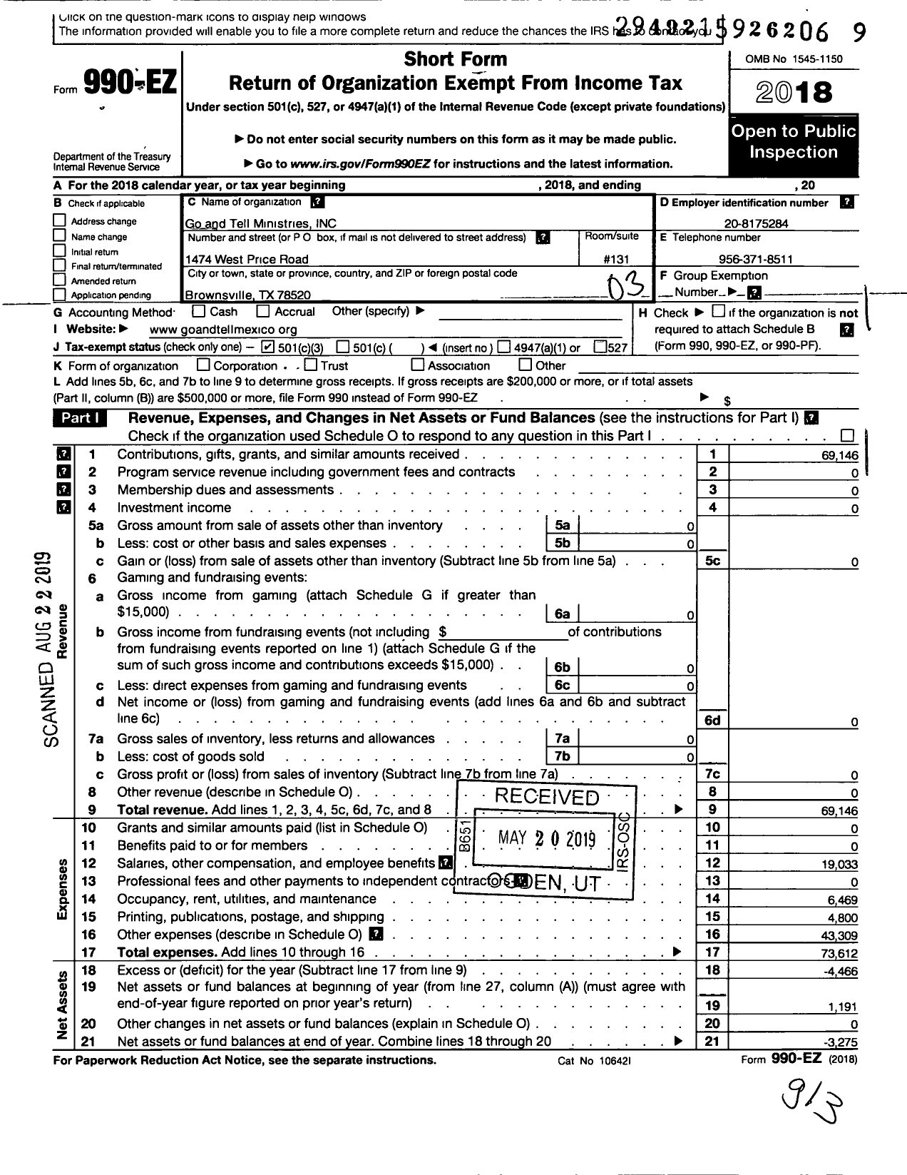 Image of first page of 2018 Form 990EZ for Go and Tell Ministries