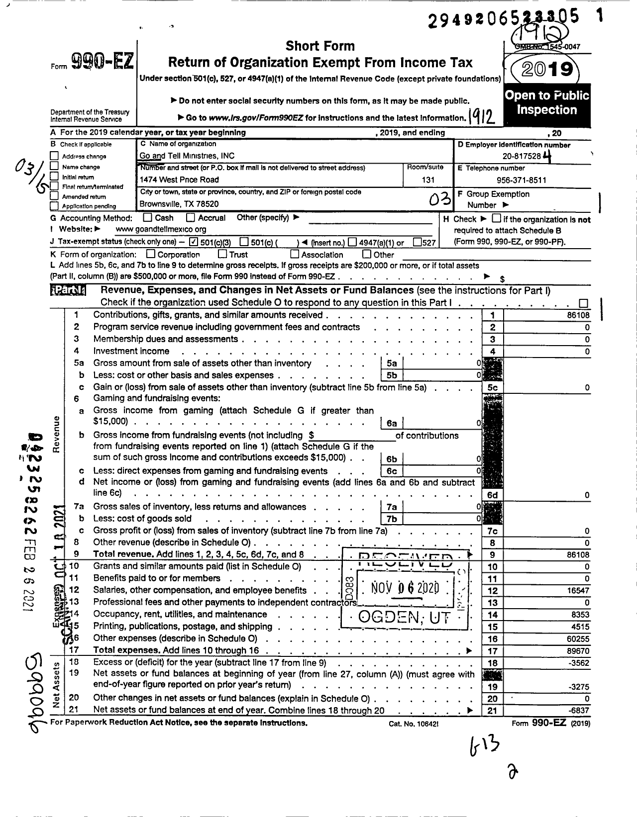 Image of first page of 2019 Form 990EZ for Go and Tell Ministries