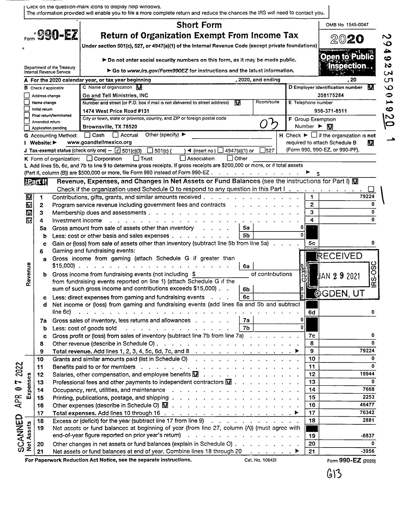 Image of first page of 2020 Form 990EZ for Go and Tell Ministries