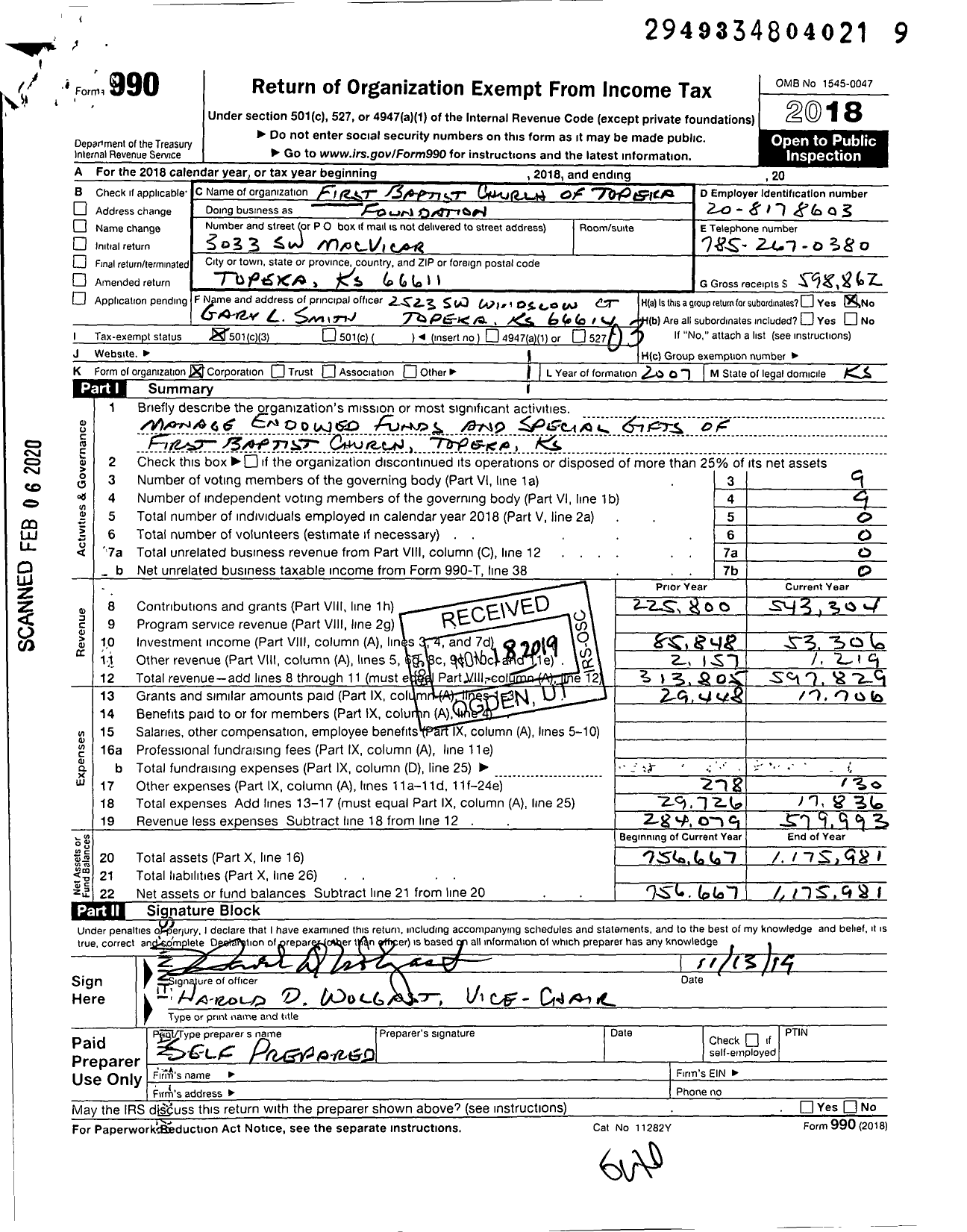 Image of first page of 2018 Form 990 for First Baptist Church of Topeka Foundation