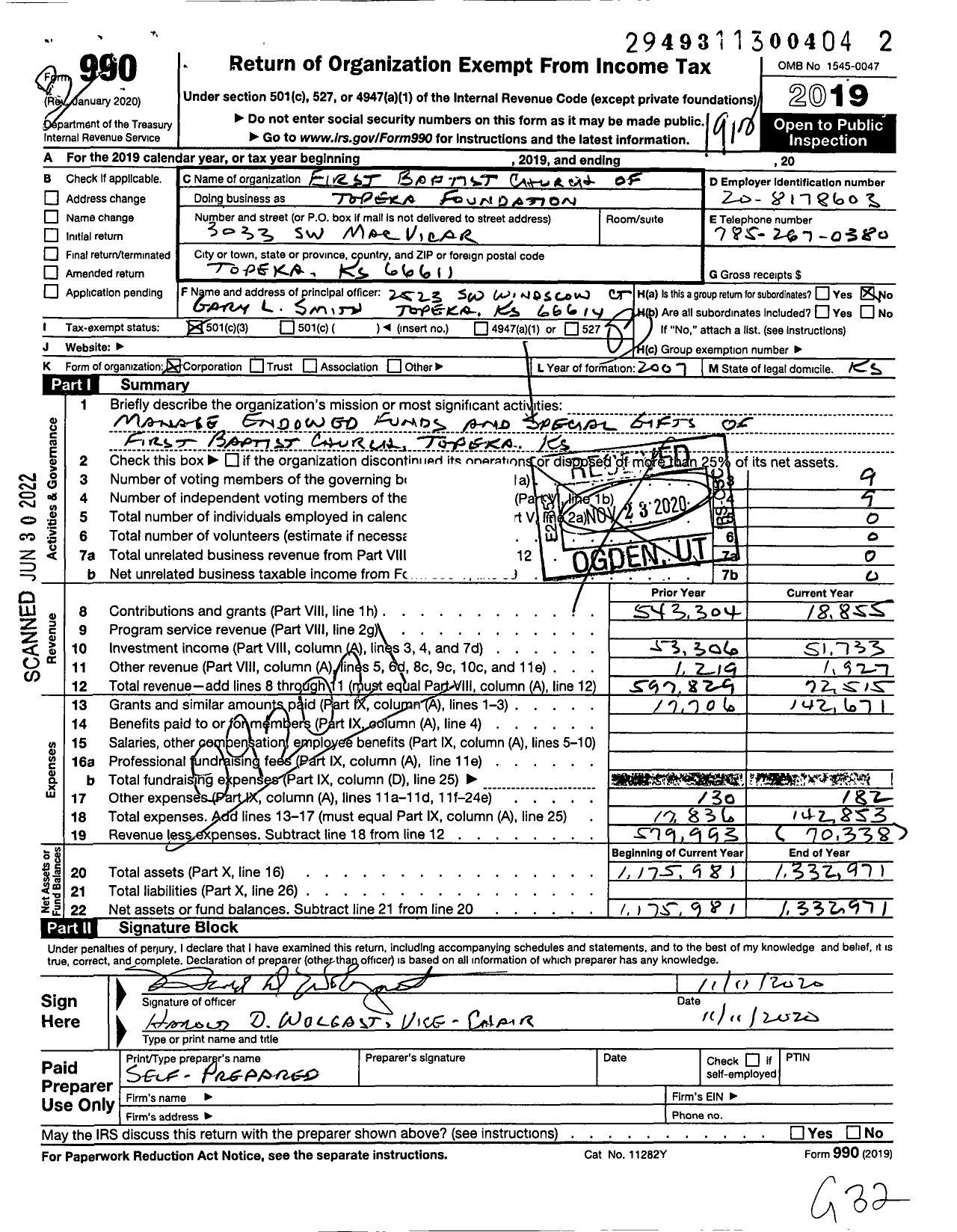 Image of first page of 2019 Form 990 for First Baptist Church of Topeka Foundation