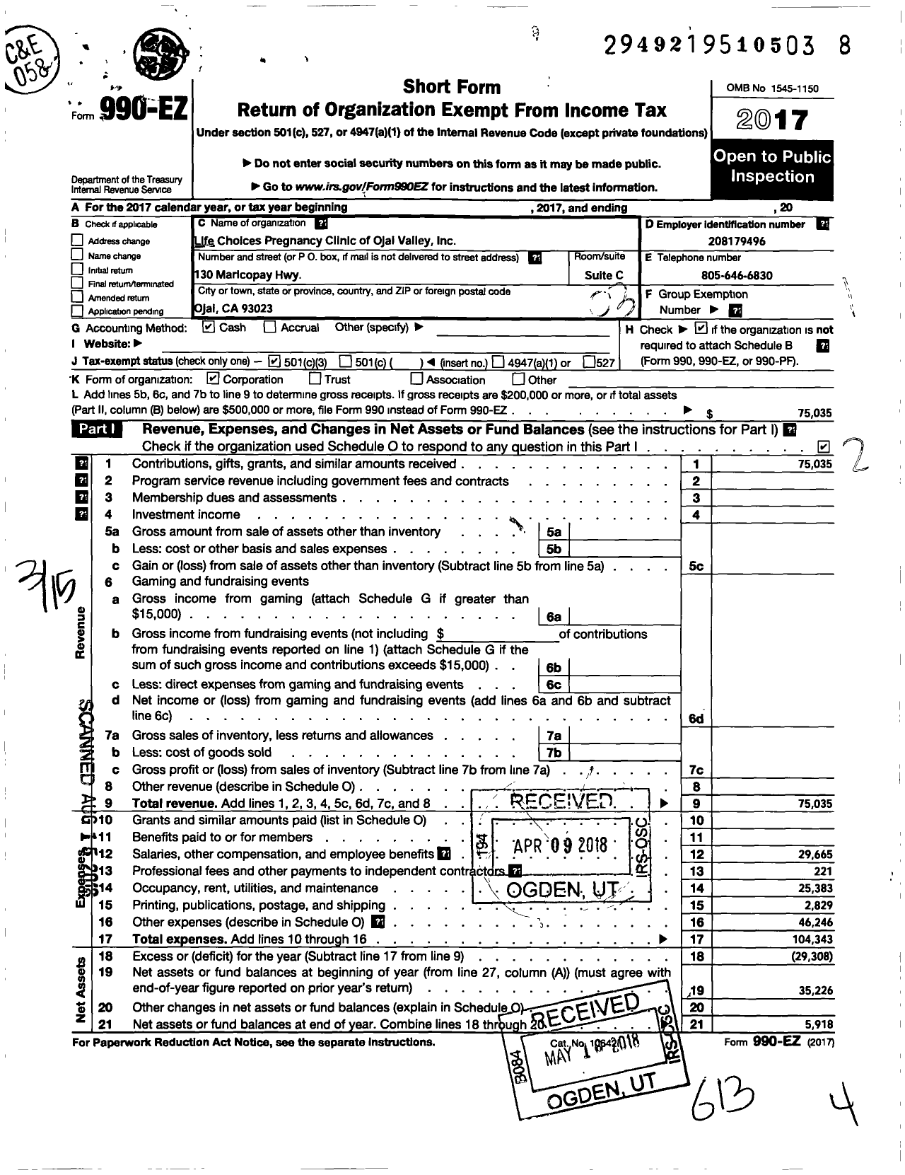 Image of first page of 2017 Form 990EZ for Life Choices Pregnancy Clinic of Ojai Valley