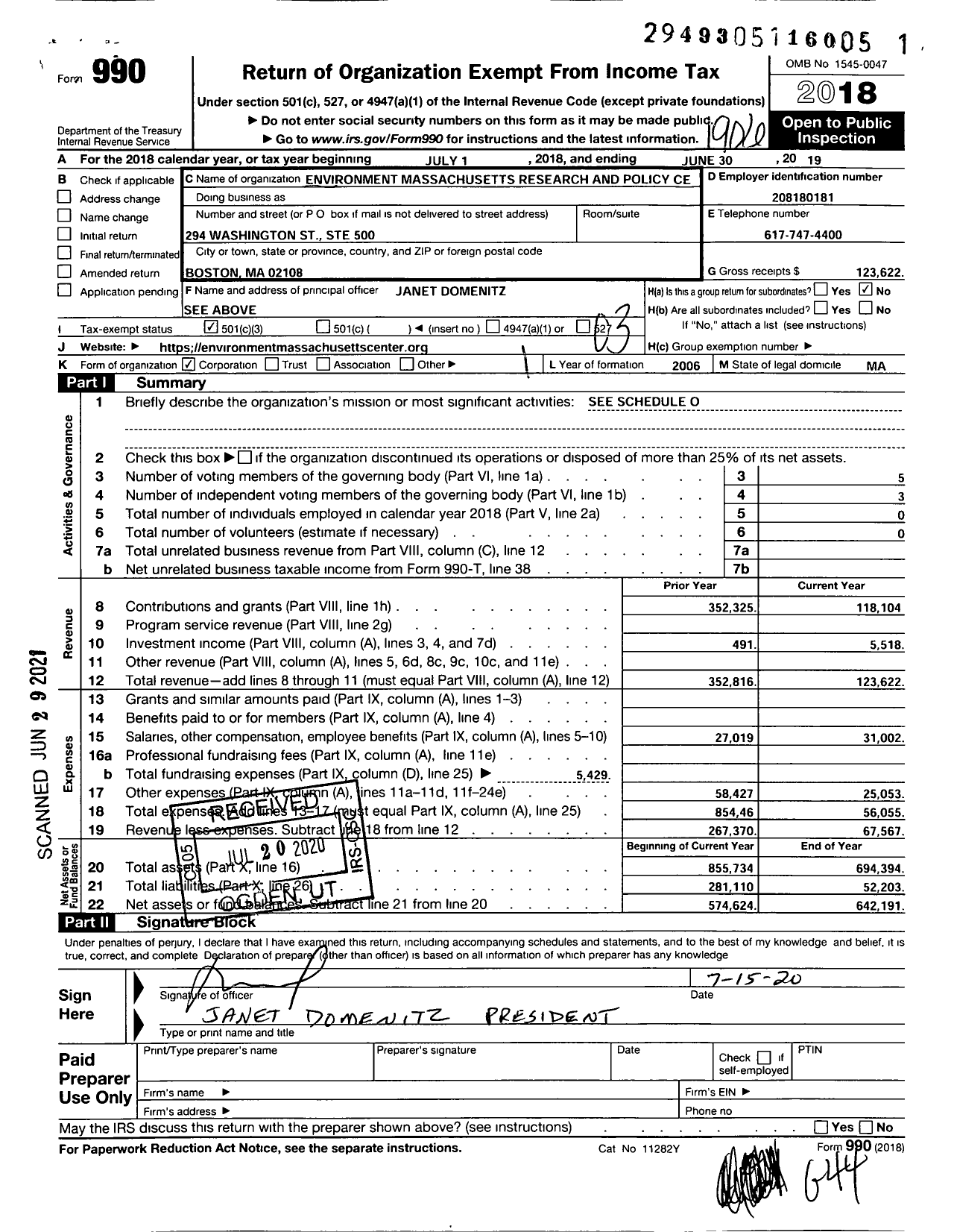 Image of first page of 2018 Form 990 for Environmental Massachusetts Research and Policy Center