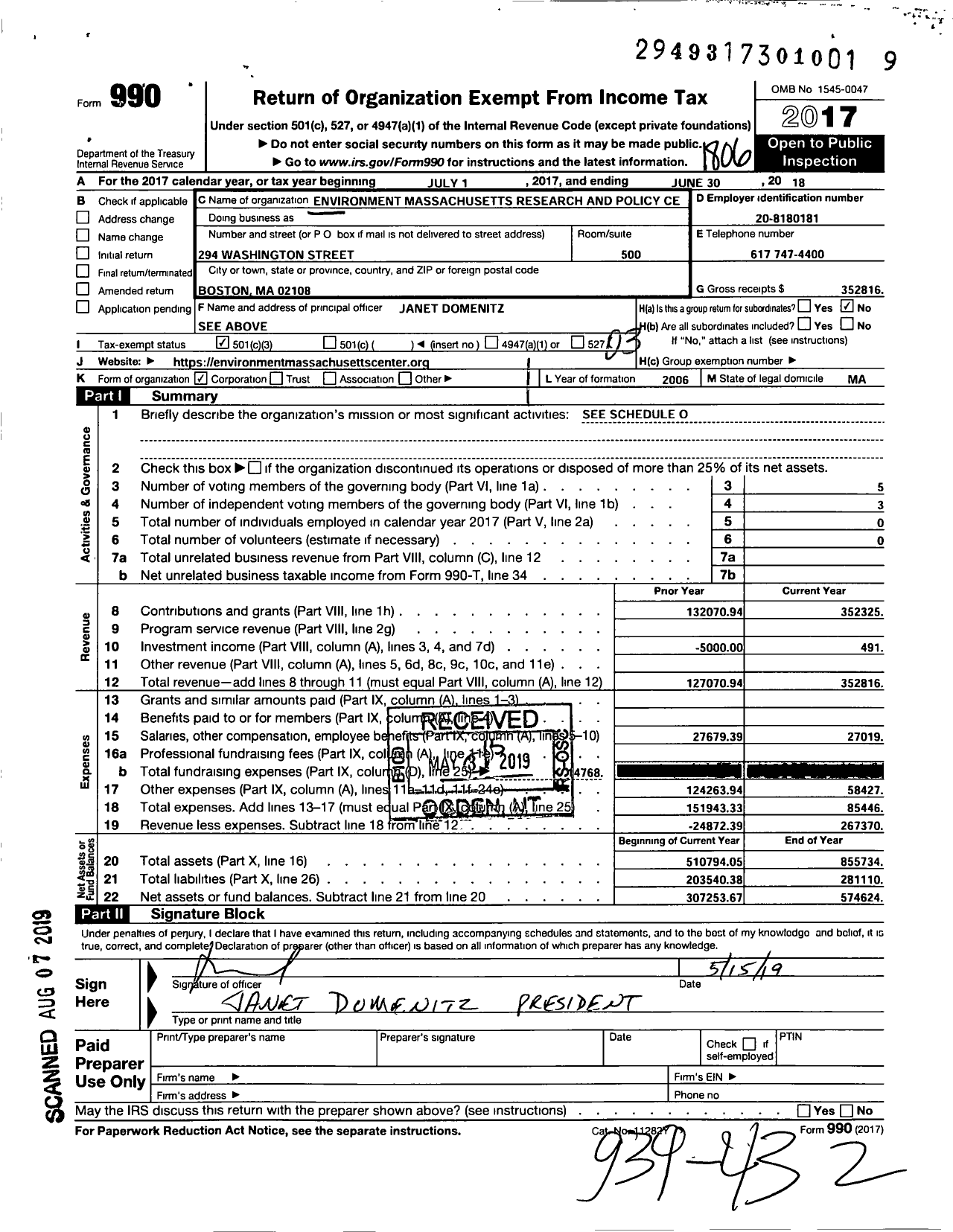 Image of first page of 2017 Form 990 for Environmental Massachusetts Research and Policy Center