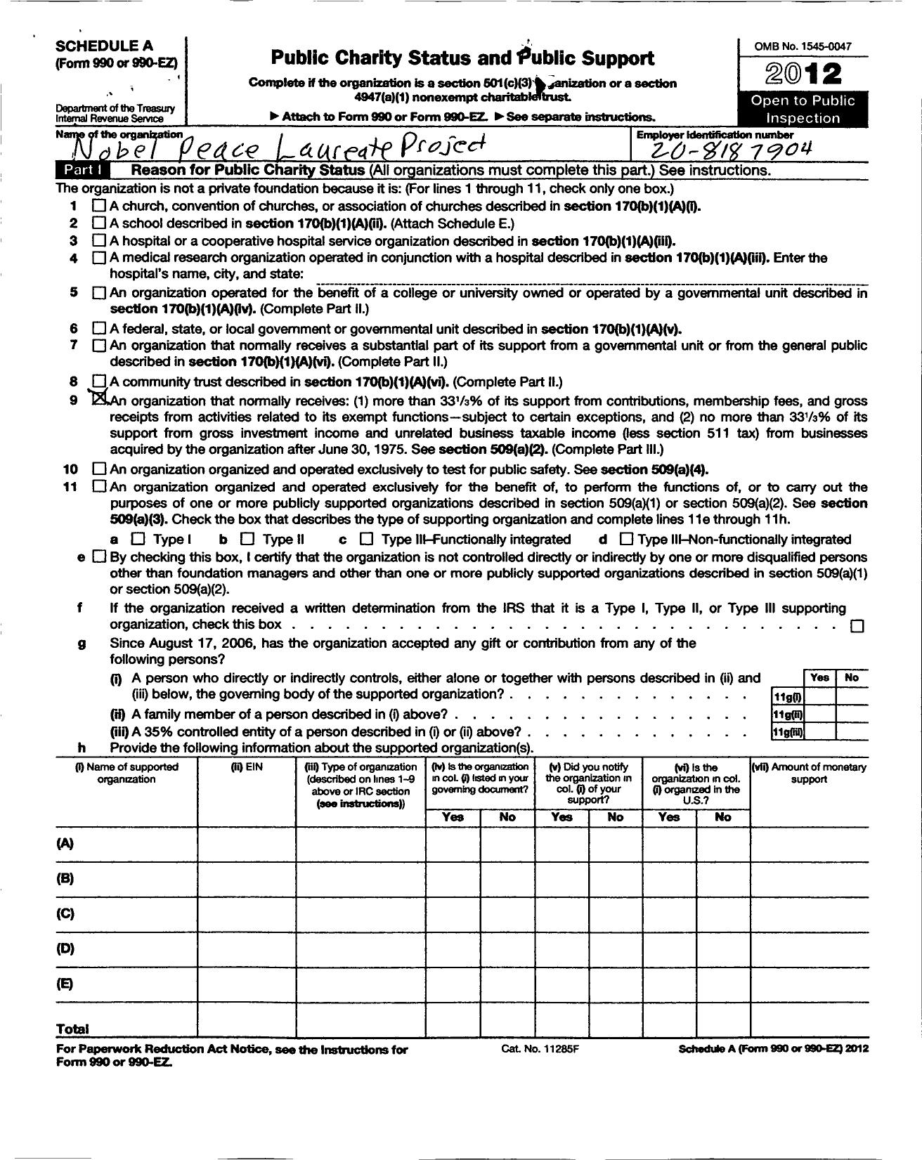 Image of first page of 2012 Form 990ER for Nobel Peace Laureate Project