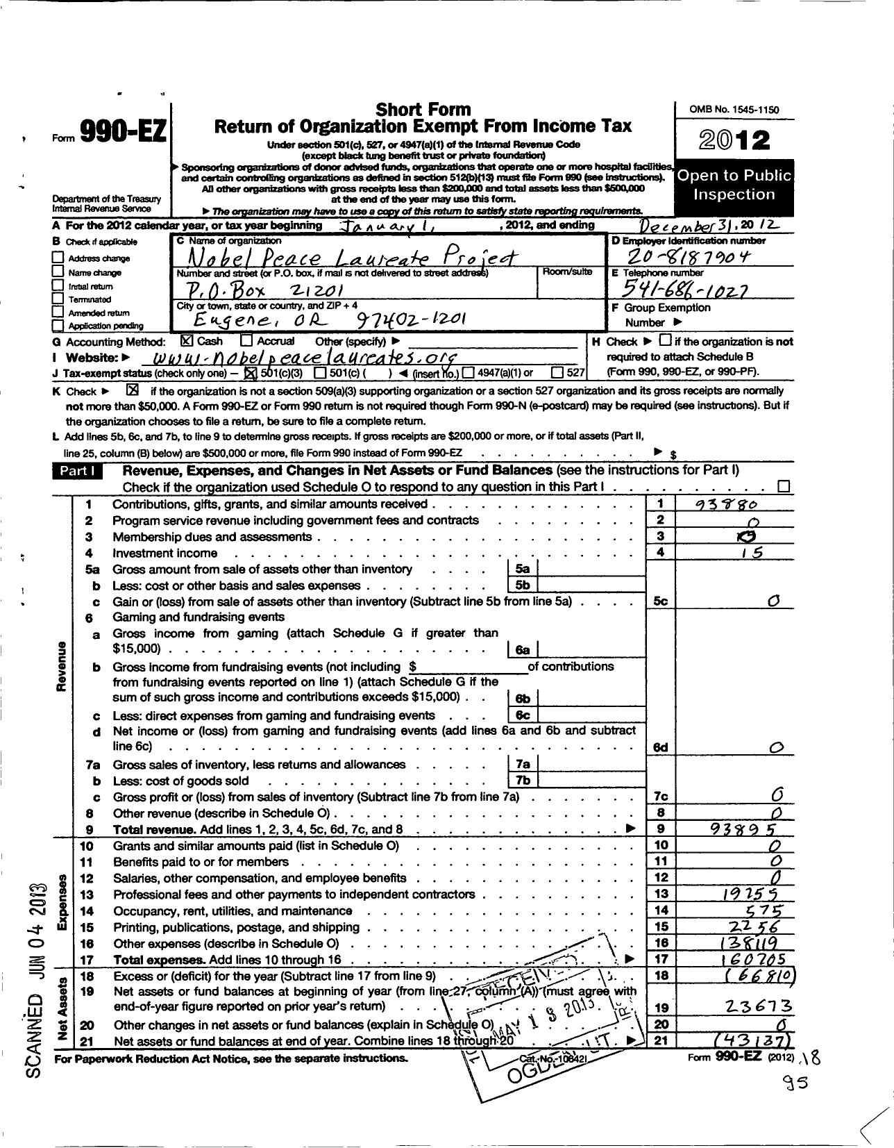 Image of first page of 2012 Form 990EZ for Nobel Peace Laureate Project