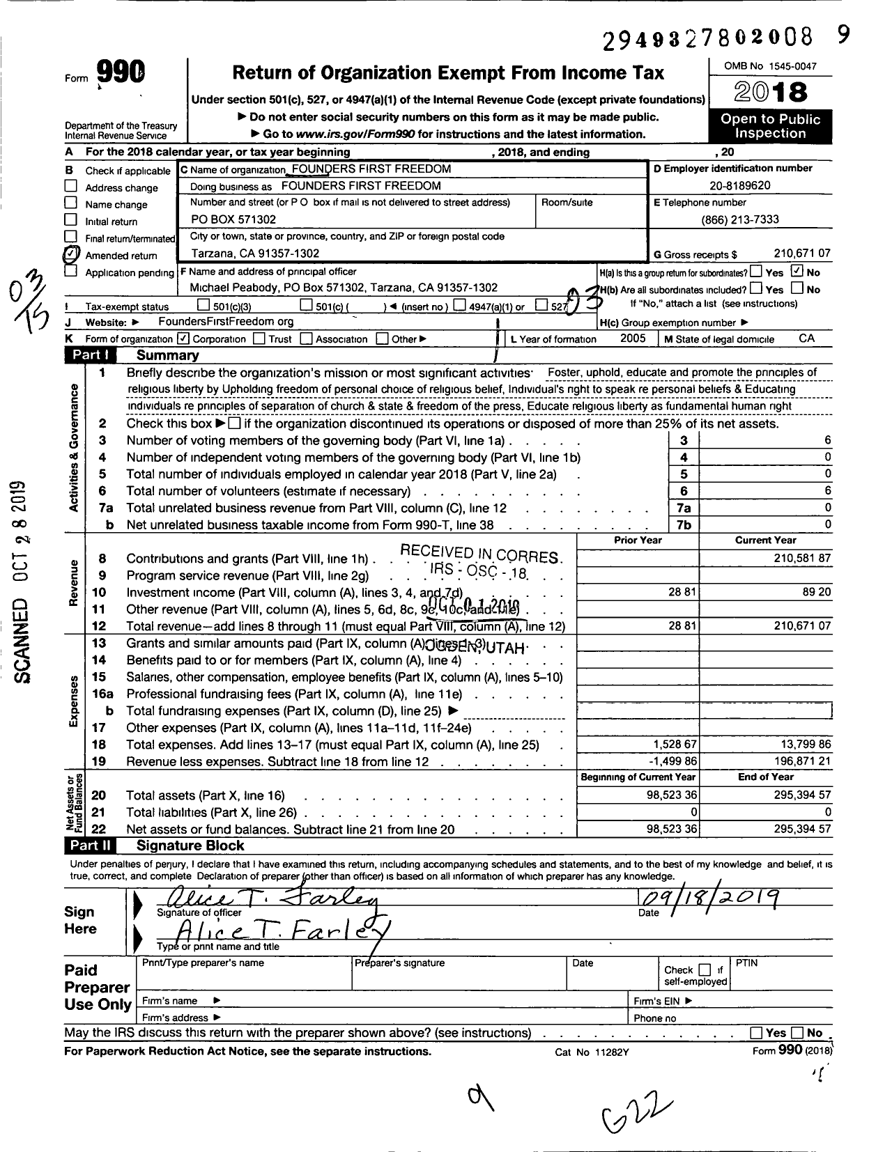 Image of first page of 2018 Form 990 for Founders First Freedom