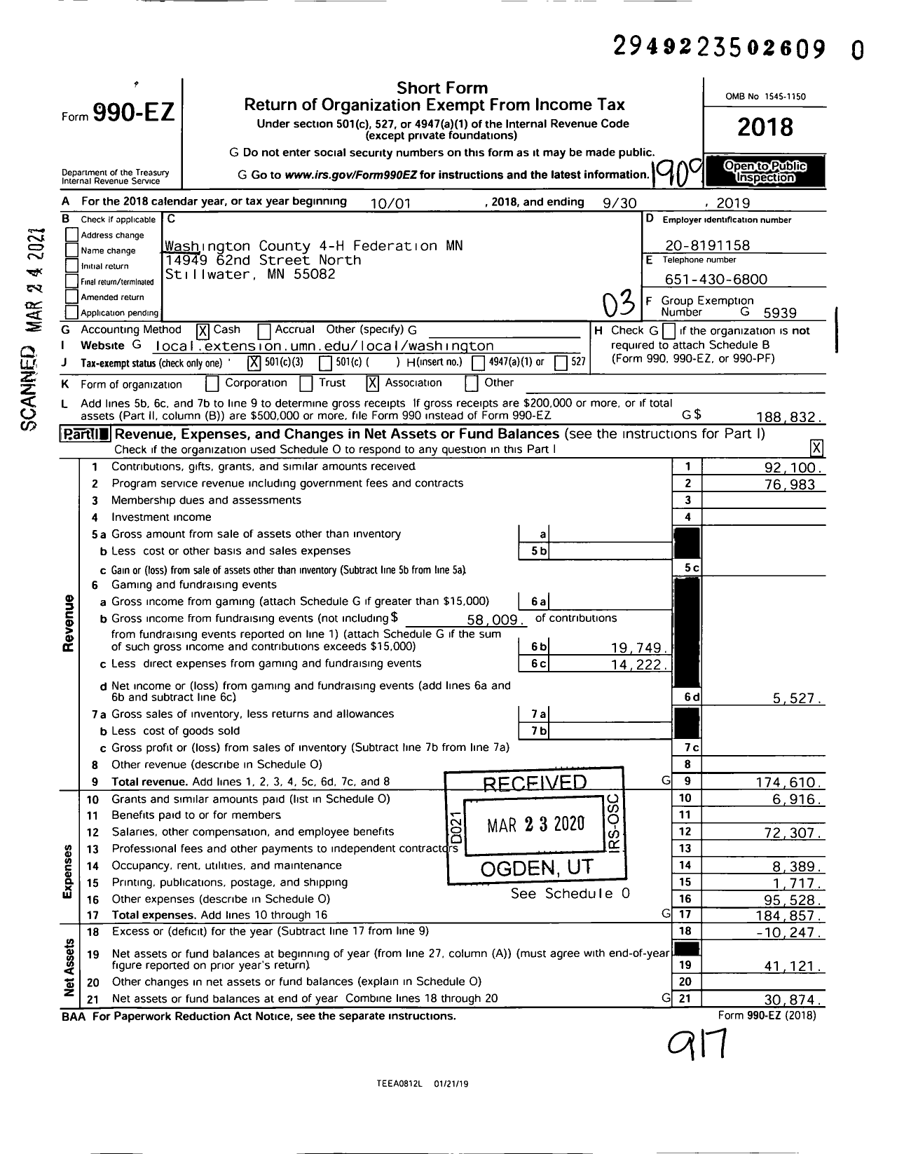 Image of first page of 2018 Form 990EZ for Washington County 4-H Federation MN