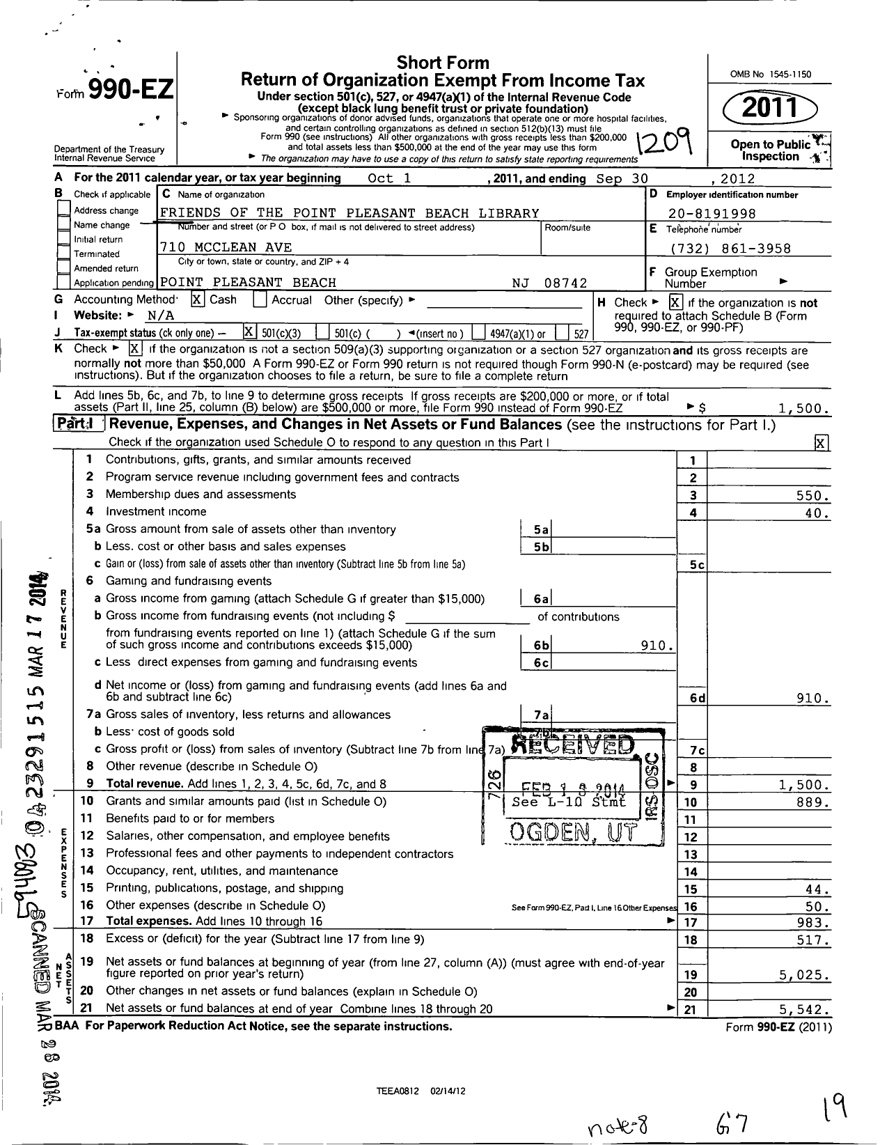 Image of first page of 2011 Form 990EZ for Friends of the Point Pleasant Beach Library