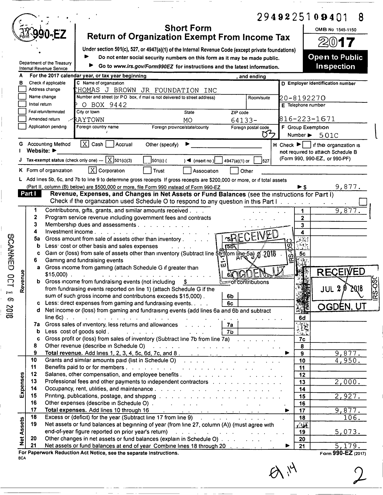 Image of first page of 2017 Form 990EZ for Thomas J Brown JR Foundation