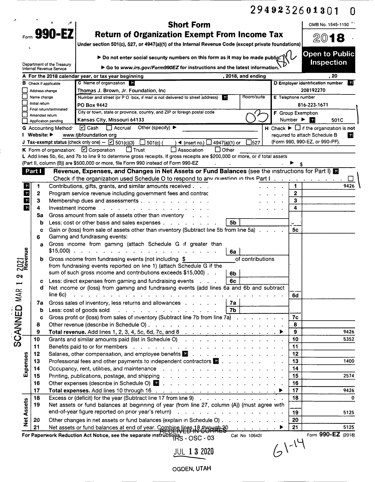 Image of first page of 2018 Form 990EZ for Thomas J Brown JR Foundation