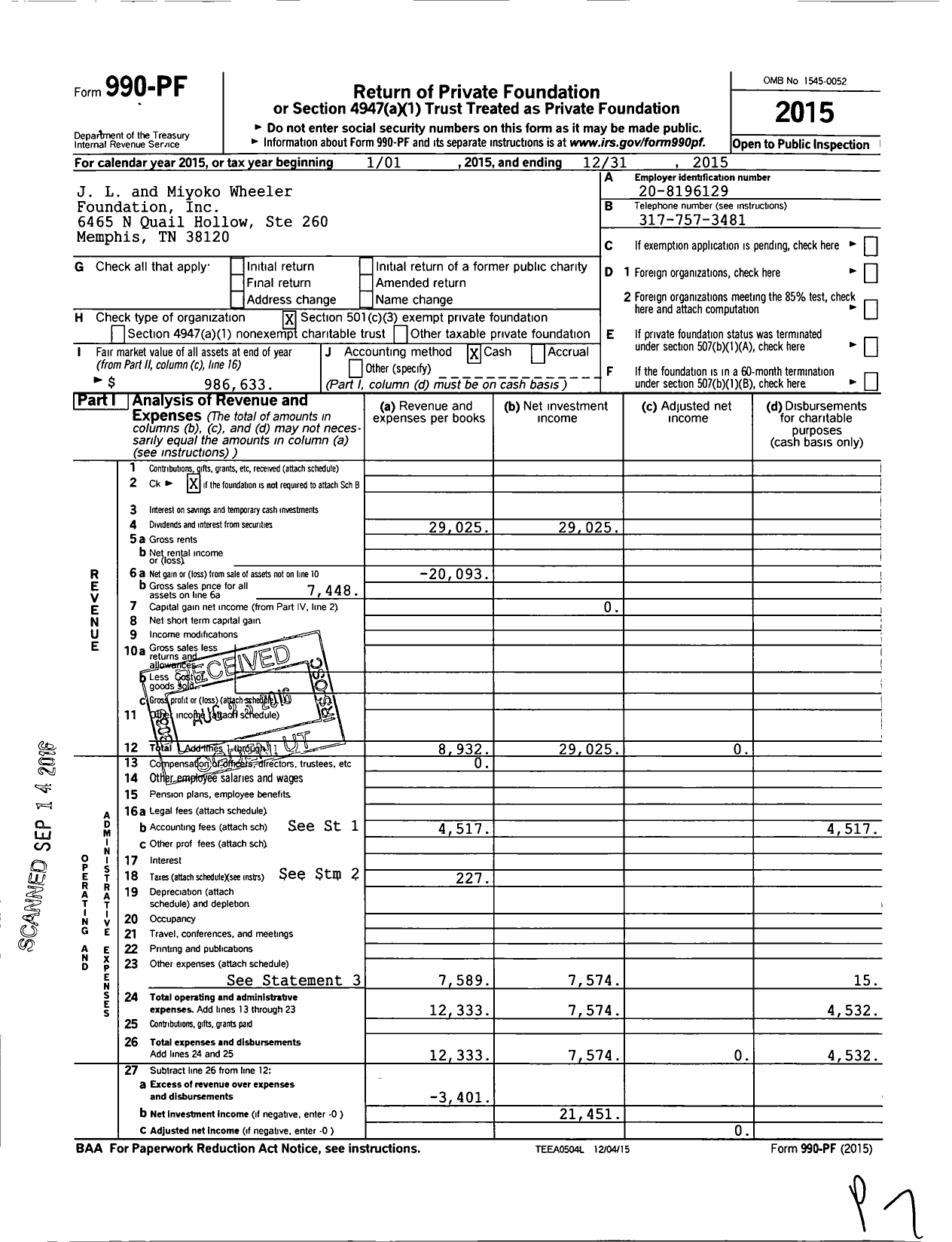 Image of first page of 2015 Form 990PF for J L and Miyoko Wheeler Foundation