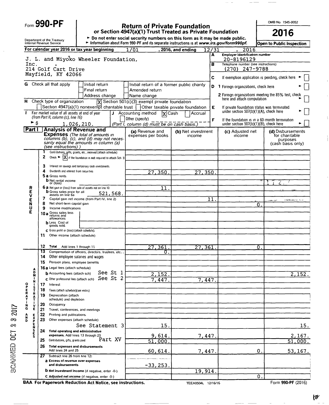 Image of first page of 2016 Form 990PF for J L and Miyoko Wheeler Foundation