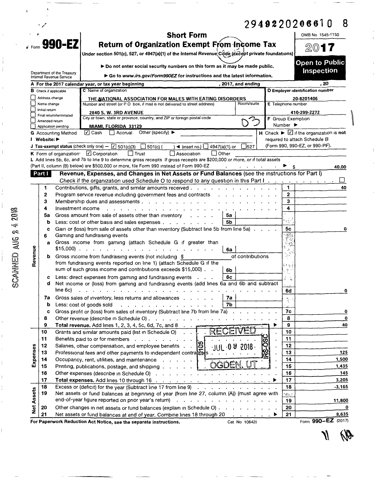 Image of first page of 2017 Form 990EZ for National Association for Males with Eating Disorders