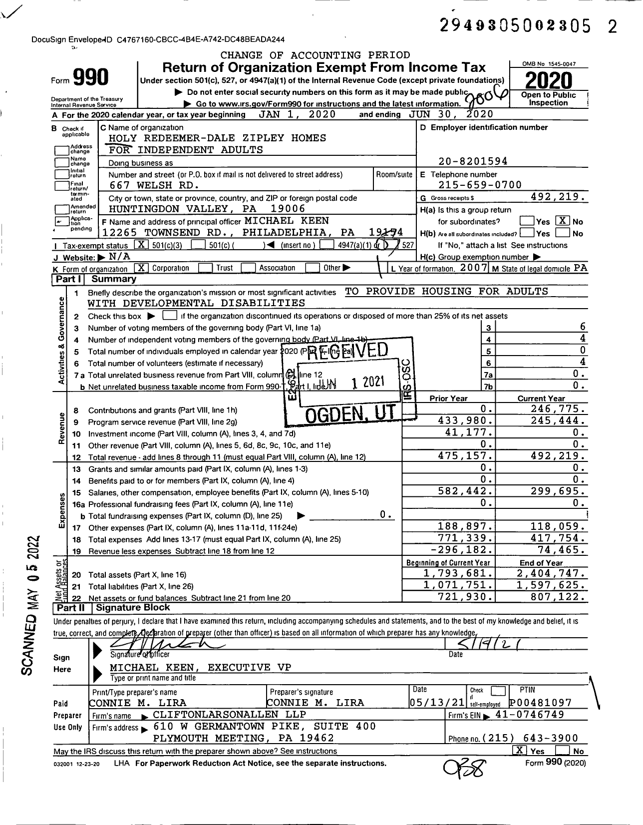 Image of first page of 2019 Form 990 for Holy Redeemer-Dale Zipley Homes for Independent Adults