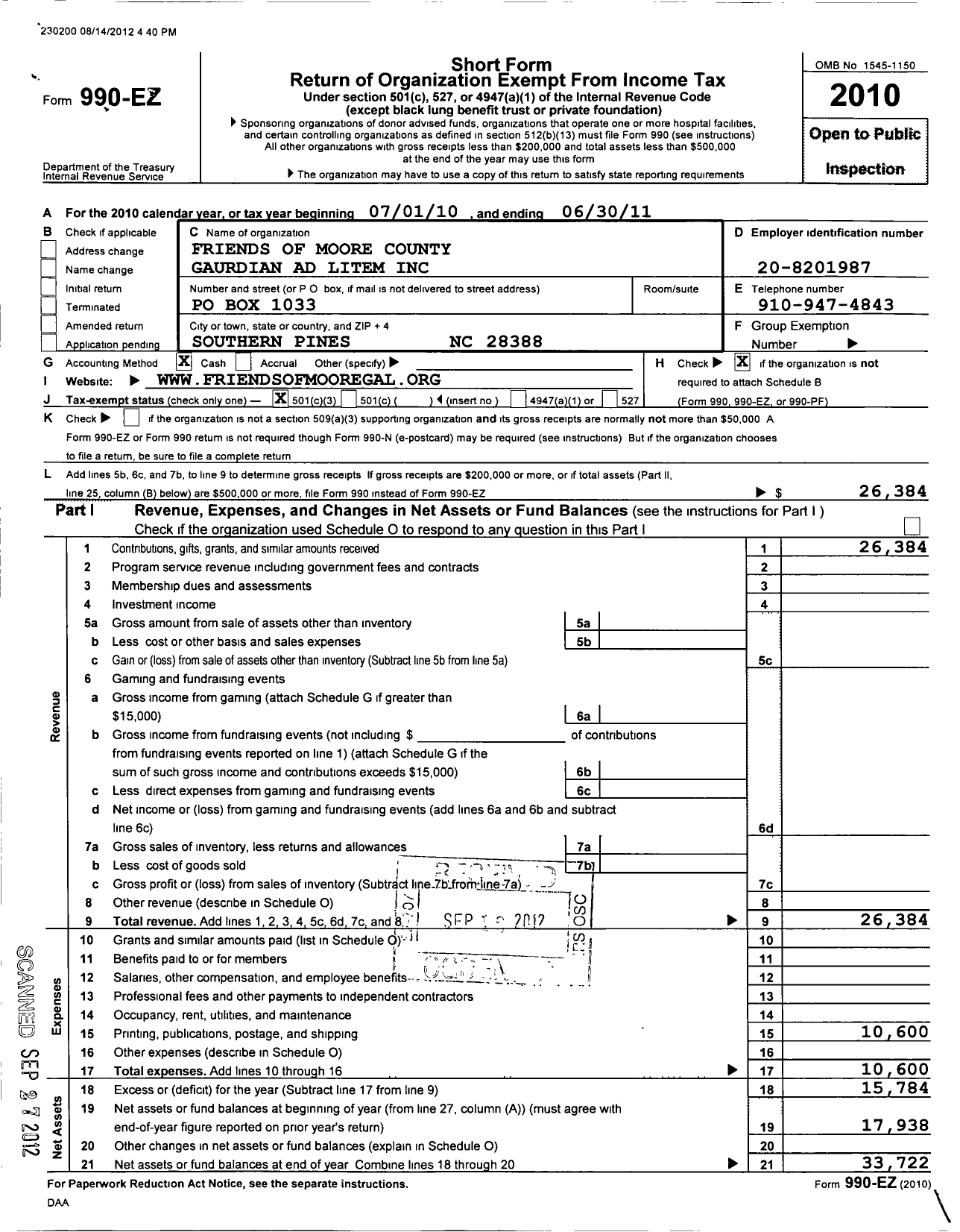 Image of first page of 2010 Form 990EZ for Friends of Moore County Gaurdian Adlitem Litem