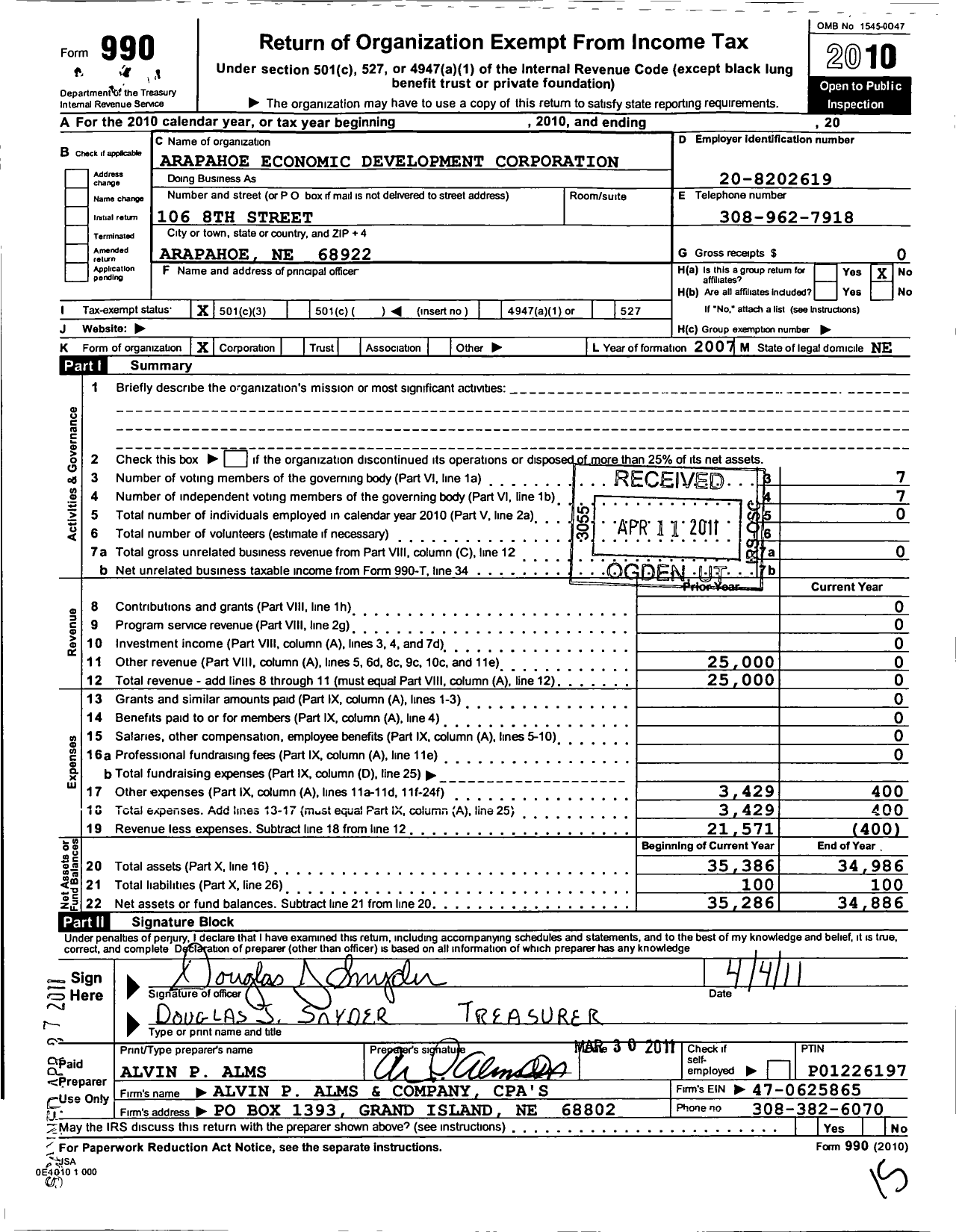 Image of first page of 2010 Form 990 for Arapahoe Economic Development Corporation